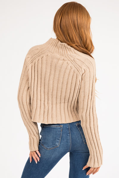 Latte Mock Neck Cropped Chenille Sweater
