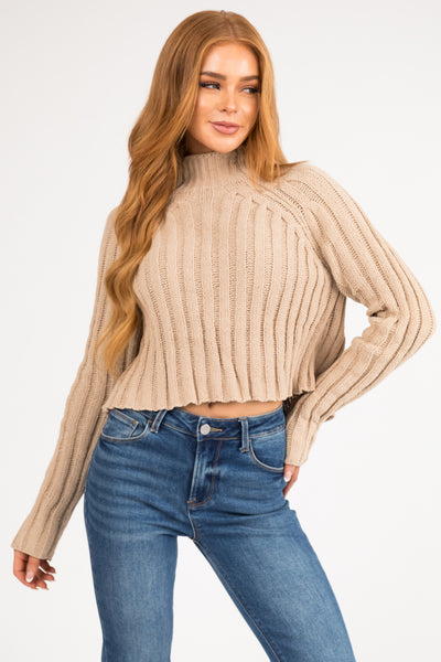 Latte Mock Neck Cropped Chenille Sweater