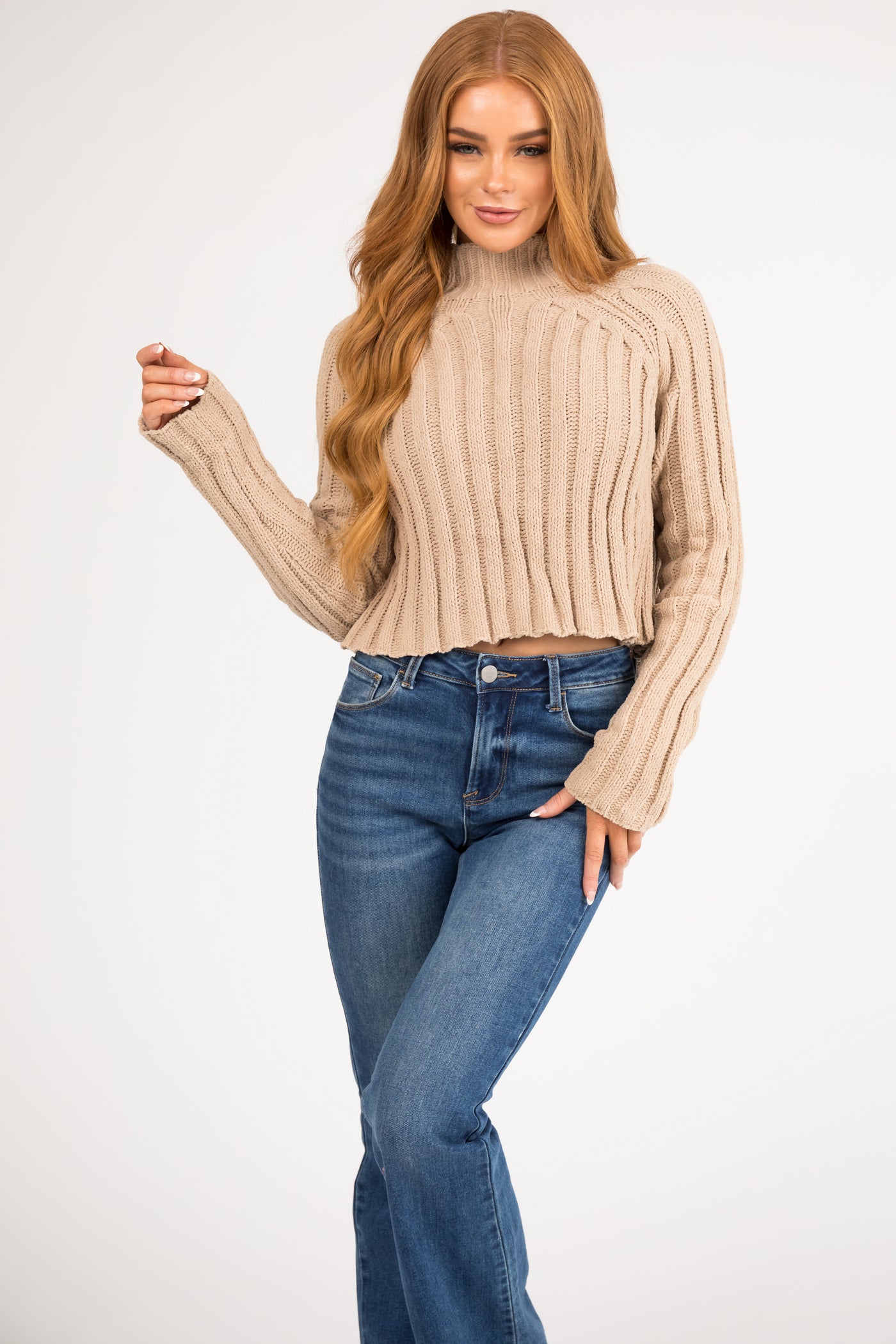 Latte Mock Neck Cropped Chenille Sweater