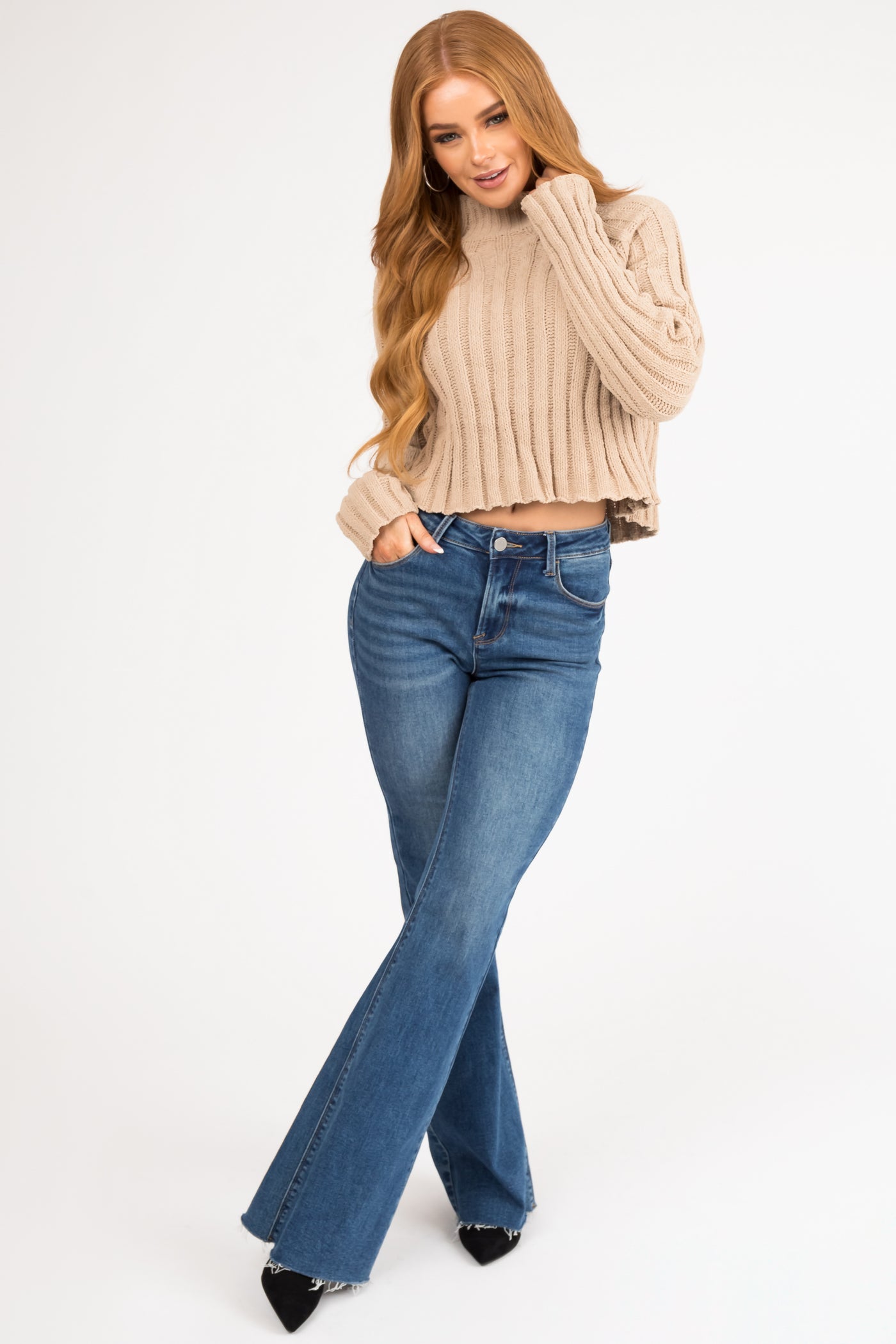 Latte Mock Neck Cropped Chenille Sweater