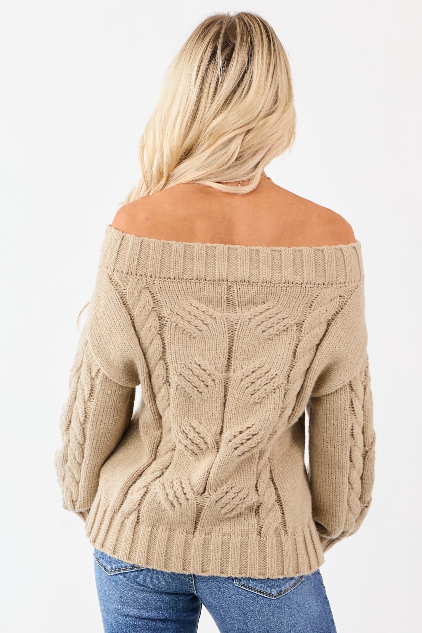 Latte Off the Shoulder Cable Knit Sweater