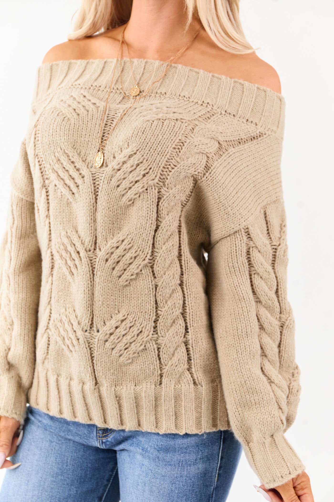 Latte Off the Shoulder Cable Knit Sweater