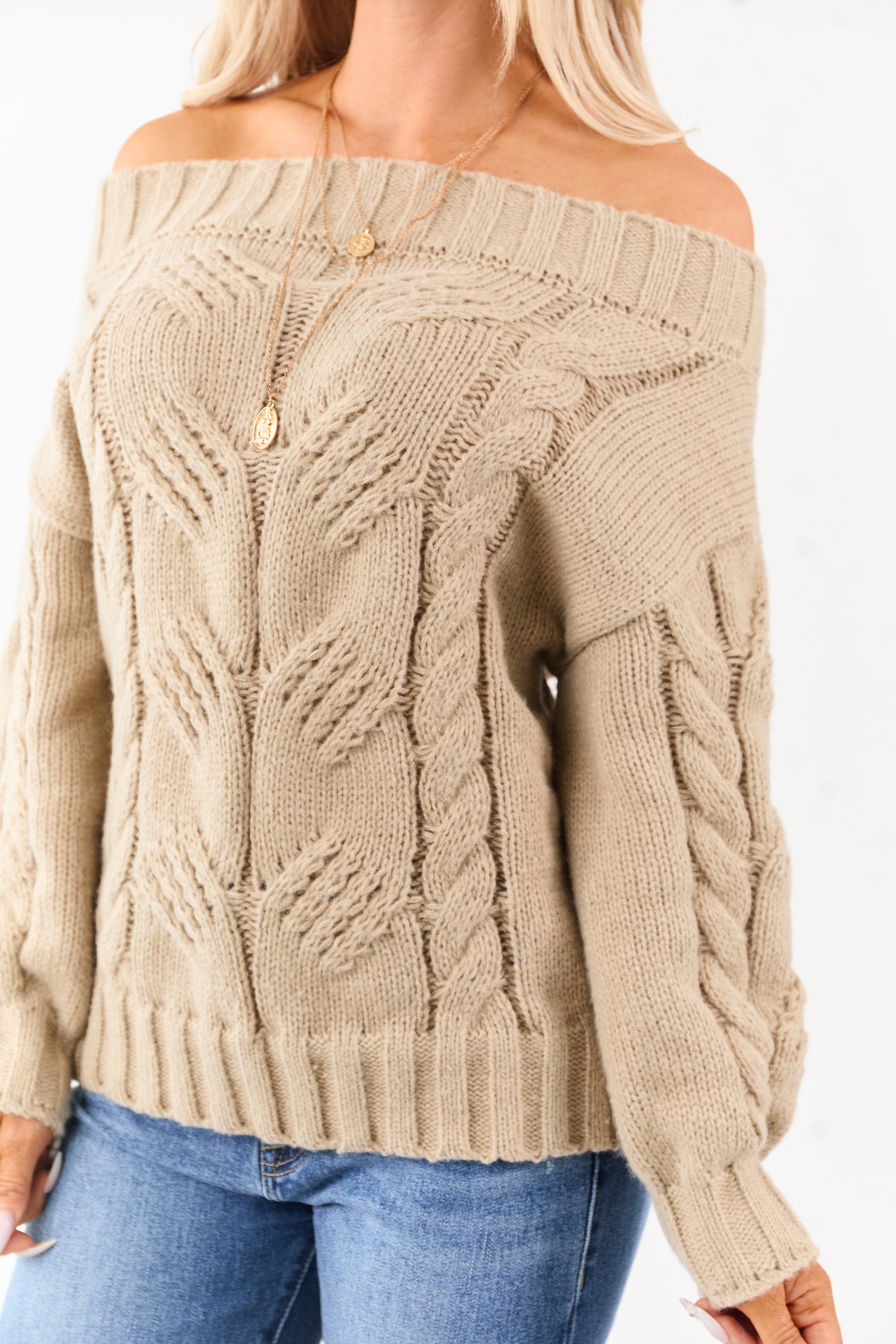 Latte Off the Shoulder Cable Knit Sweater