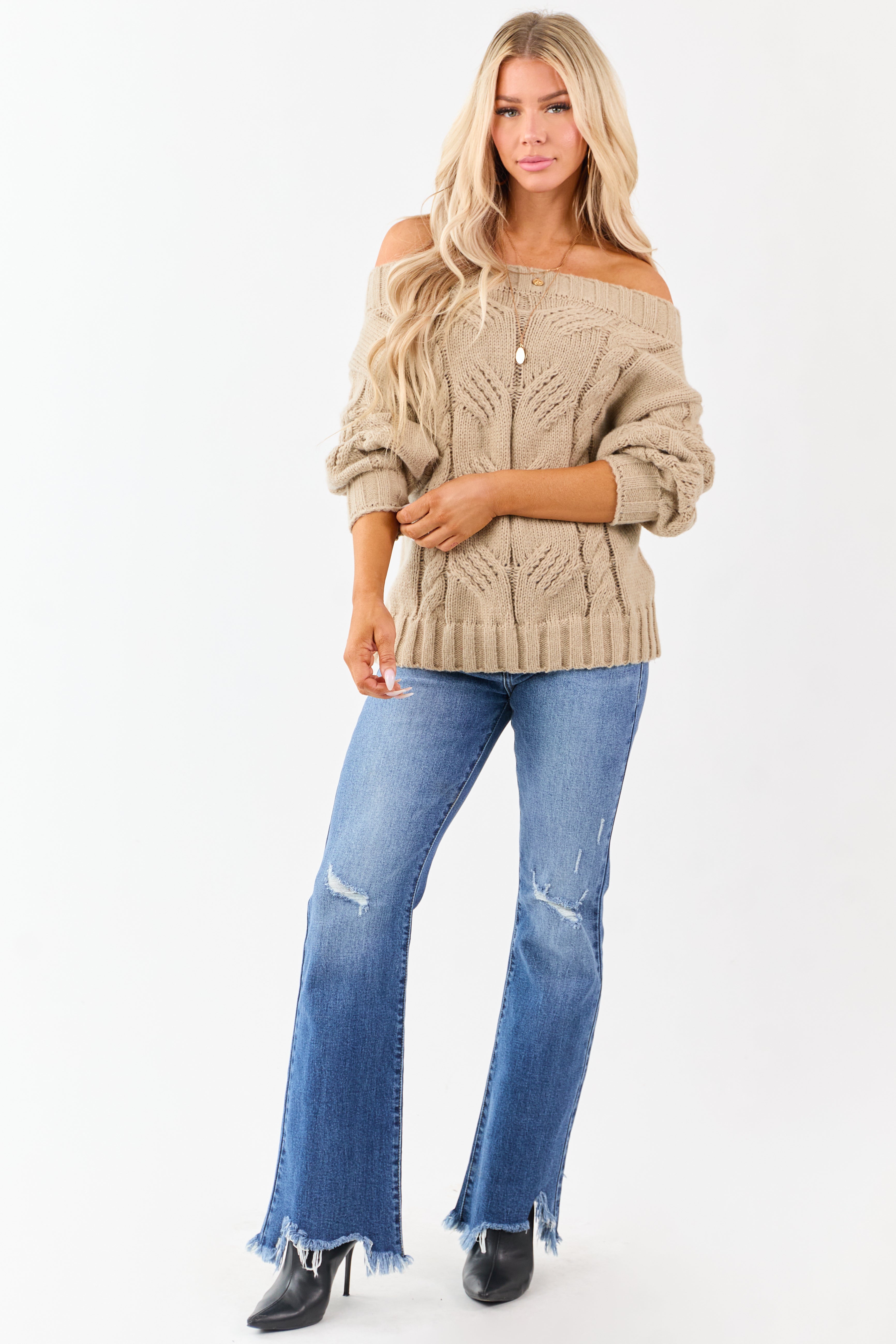 Latte Off the Shoulder Cable Knit Sweater