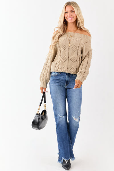 Latte Off the Shoulder Cable Knit Sweater
