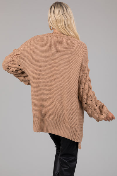 Latte Open Front Bubble Sleeve Chunky Knit Cardigan
