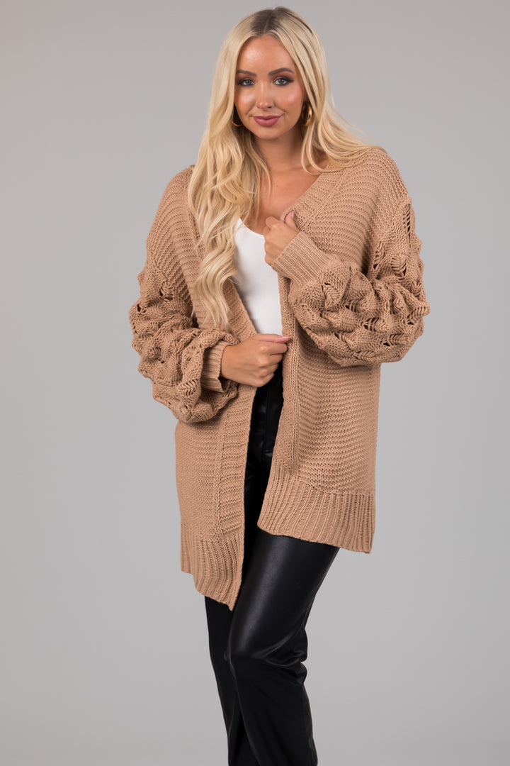 Latte Open Front Bubble Sleeve Chunky Knit Cardigan