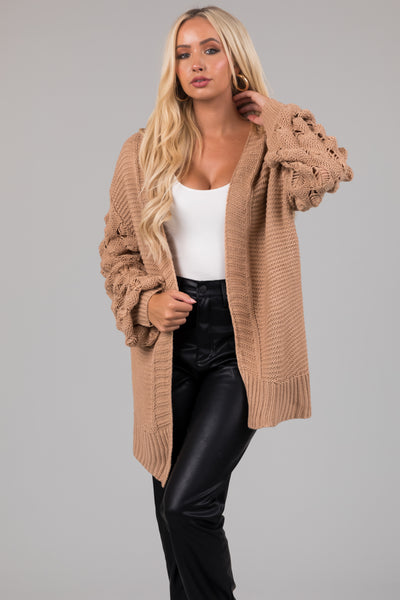 Latte Open Front Bubble Sleeve Chunky Knit Cardigan