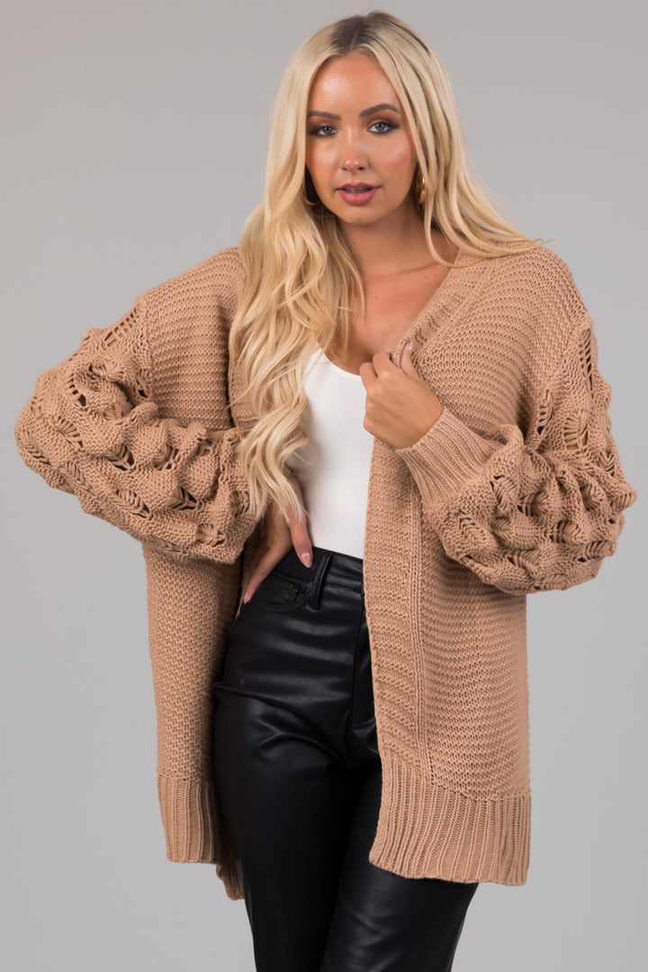 Latte Open Front Bubble Sleeve Chunky Knit Cardigan