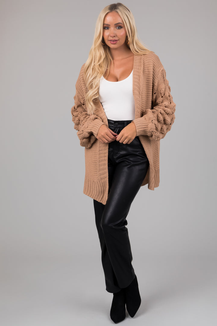 Latte Open Front Bubble Sleeve Chunky Knit Cardigan