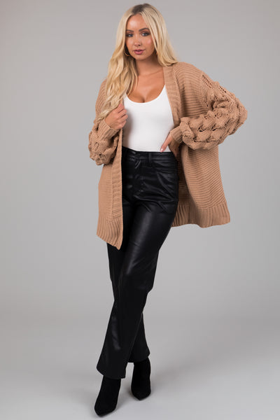 Latte Open Front Bubble Sleeve Chunky Knit Cardigan