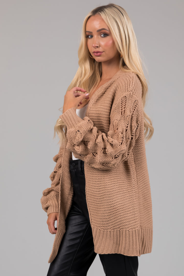 Latte Open Front Bubble Sleeve Chunky Knit Cardigan