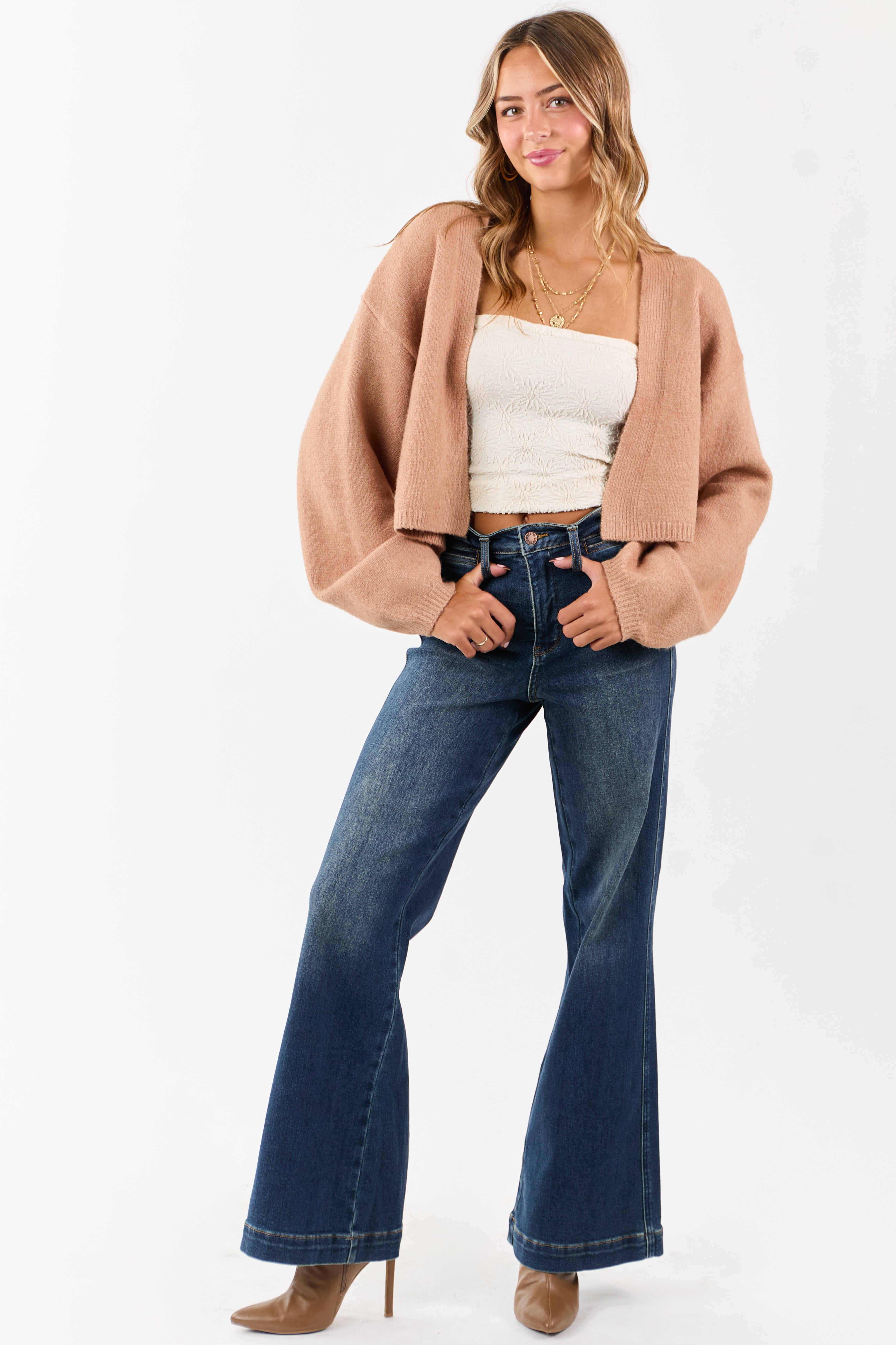 Latte Open Front Rib Knit Sweater Cardigan