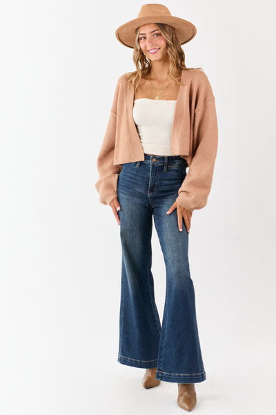 Latte Open Front Rib Knit Sweater Cardigan