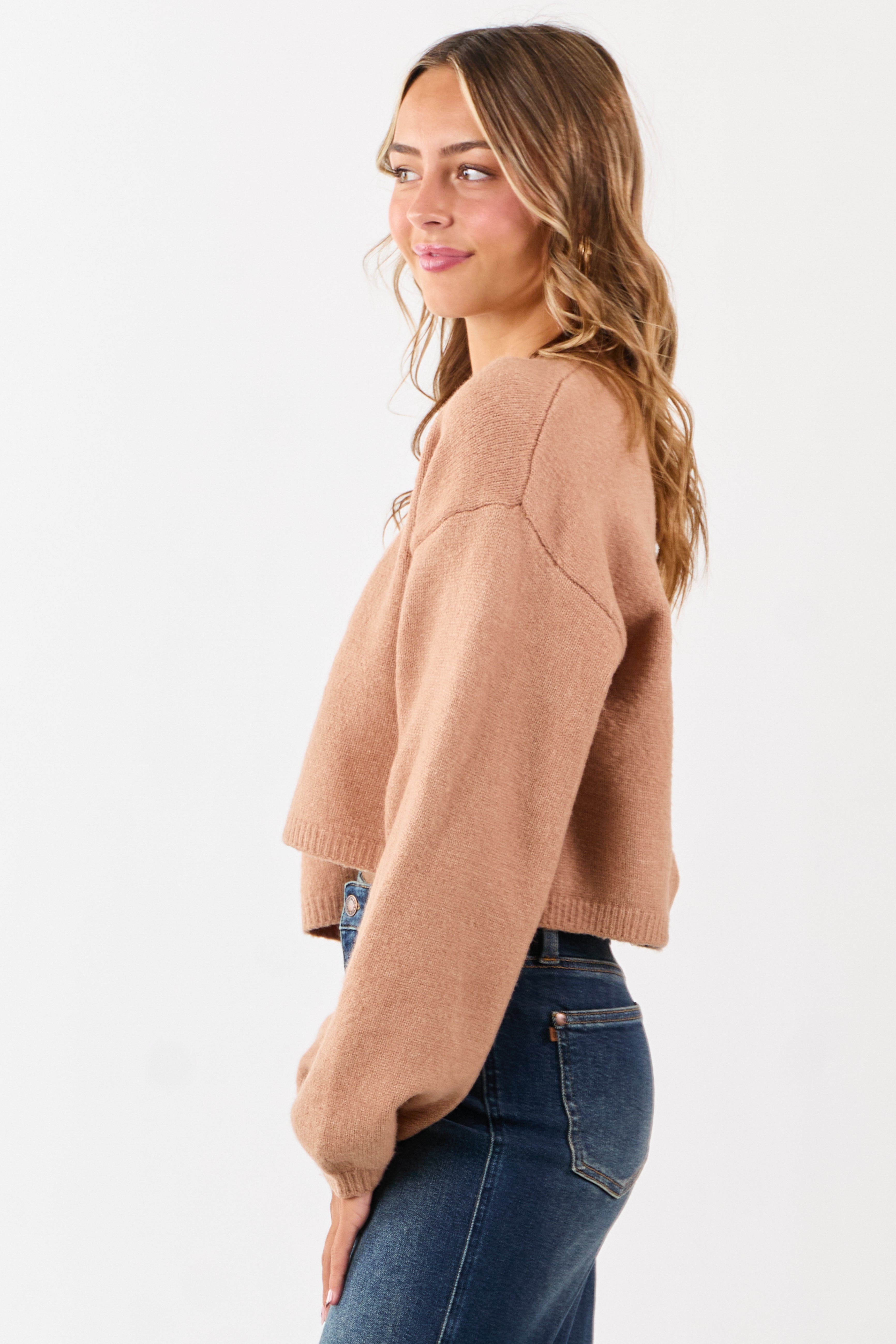 Latte Open Front Rib Knit Sweater Cardigan