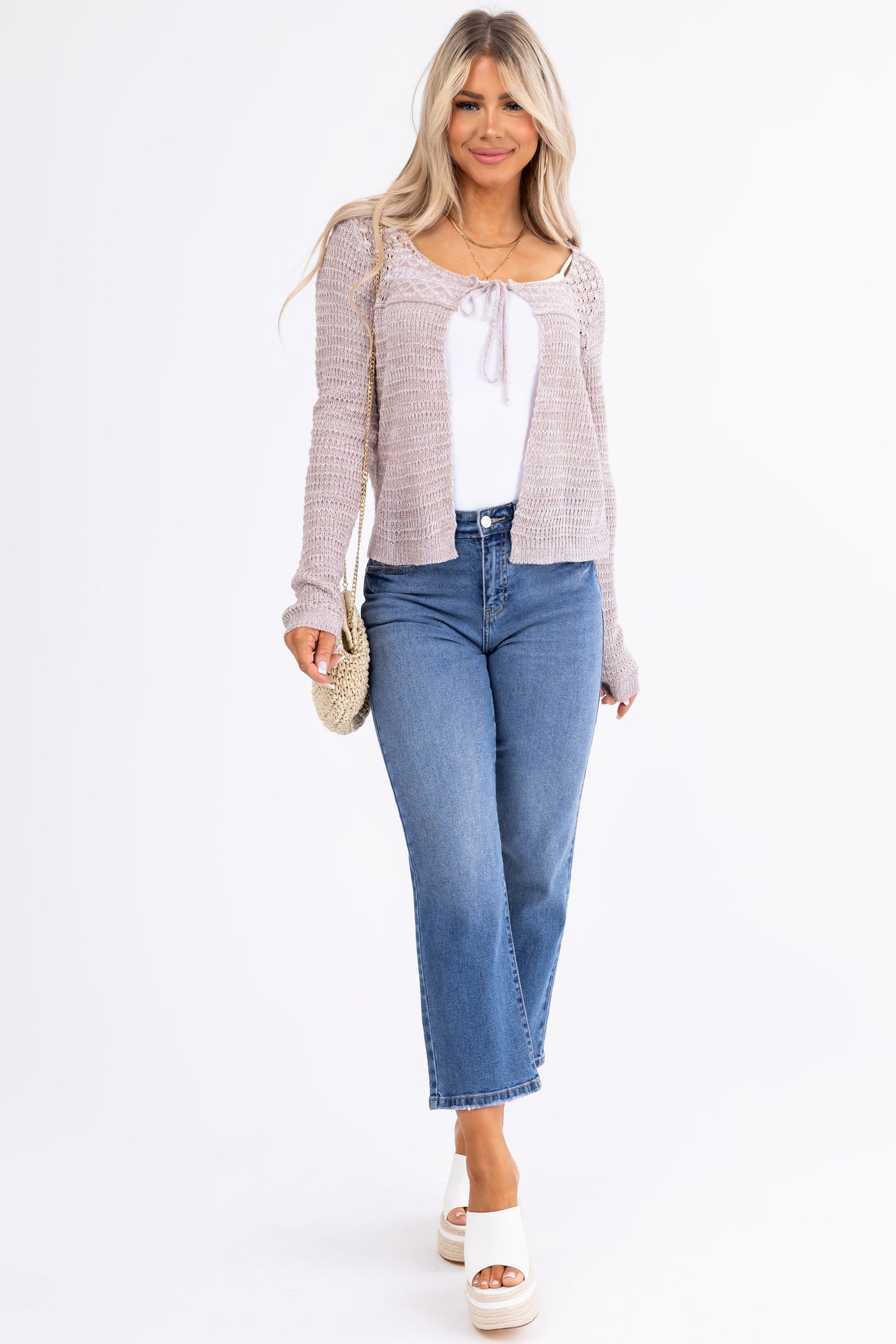 Latte Open Front Textured Knit Cardigan