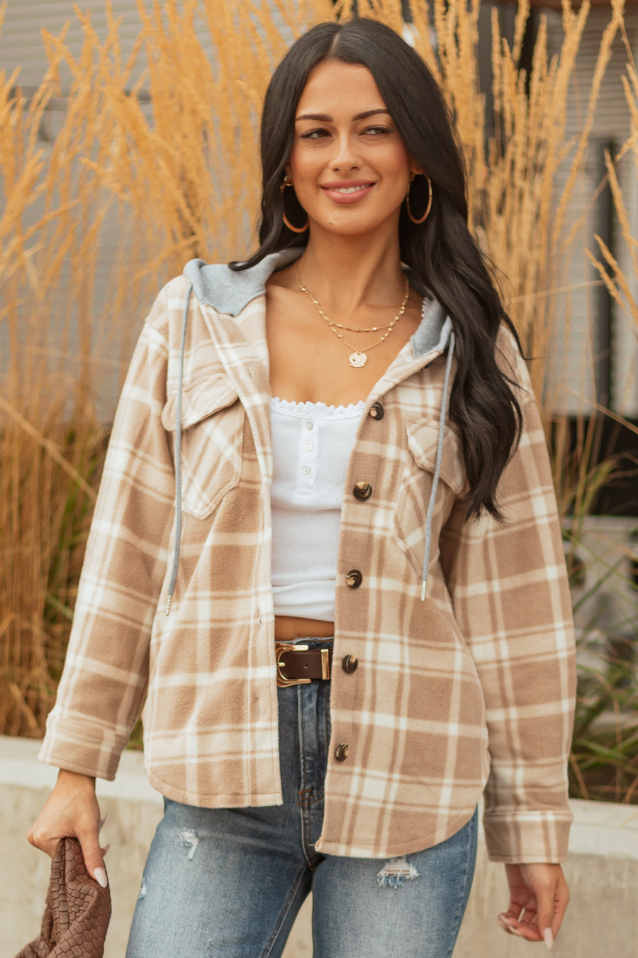 Latte Plaid Contrast Hood Button Down Fleece Jacket