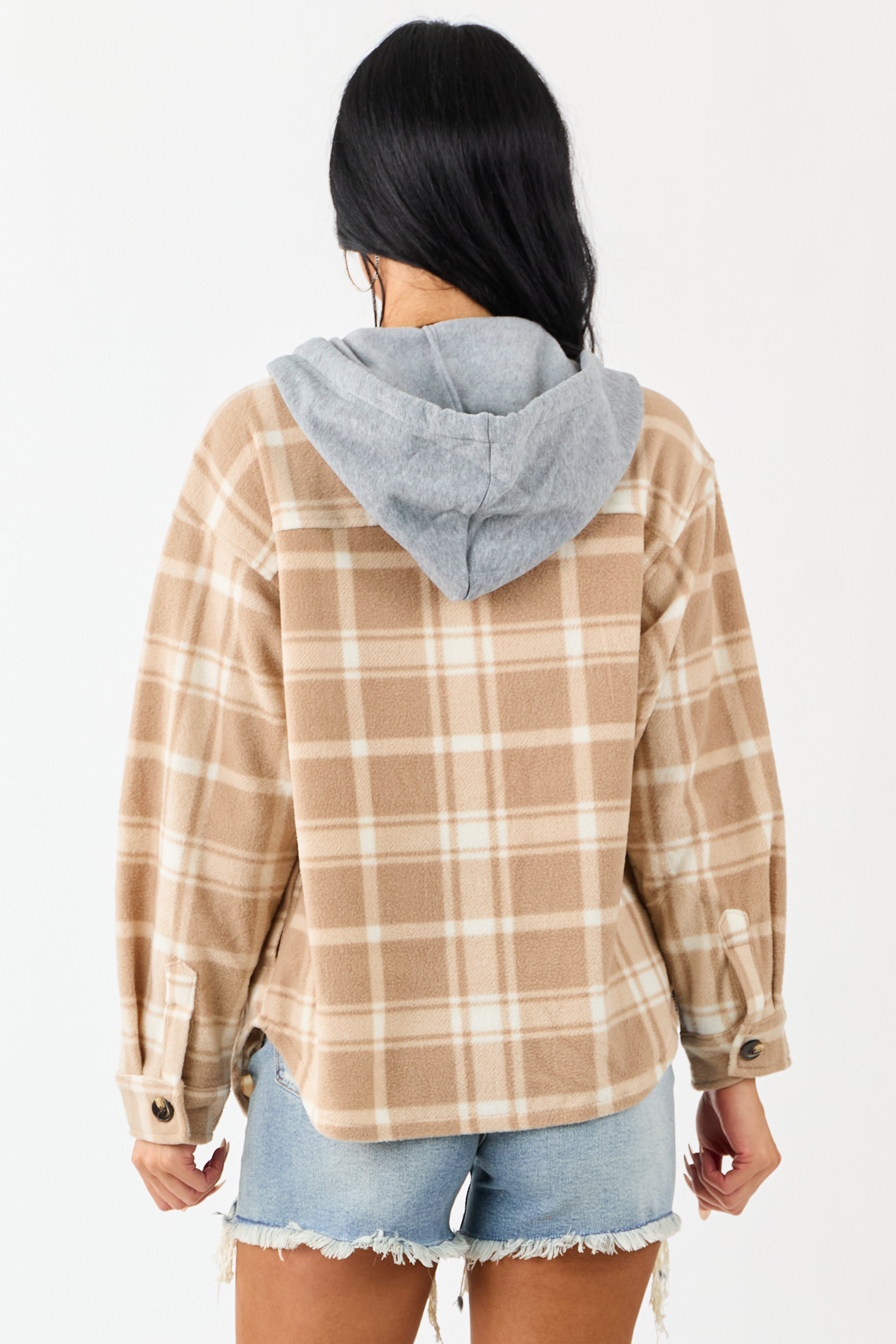 Latte Plaid Contrast Hood Button Down Fleece Jacket