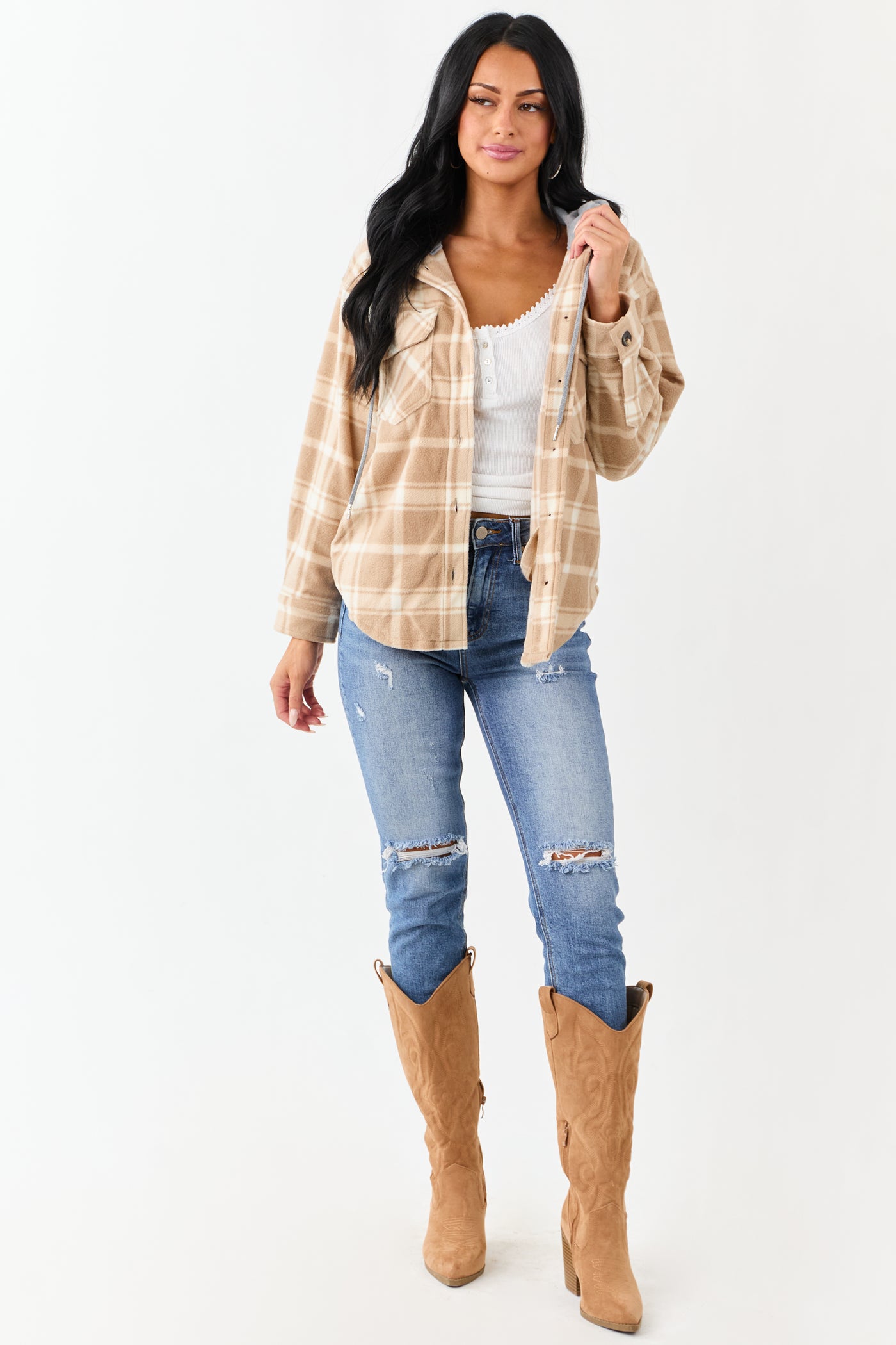 Latte Plaid Contrast Hood Button Down Fleece Jacket