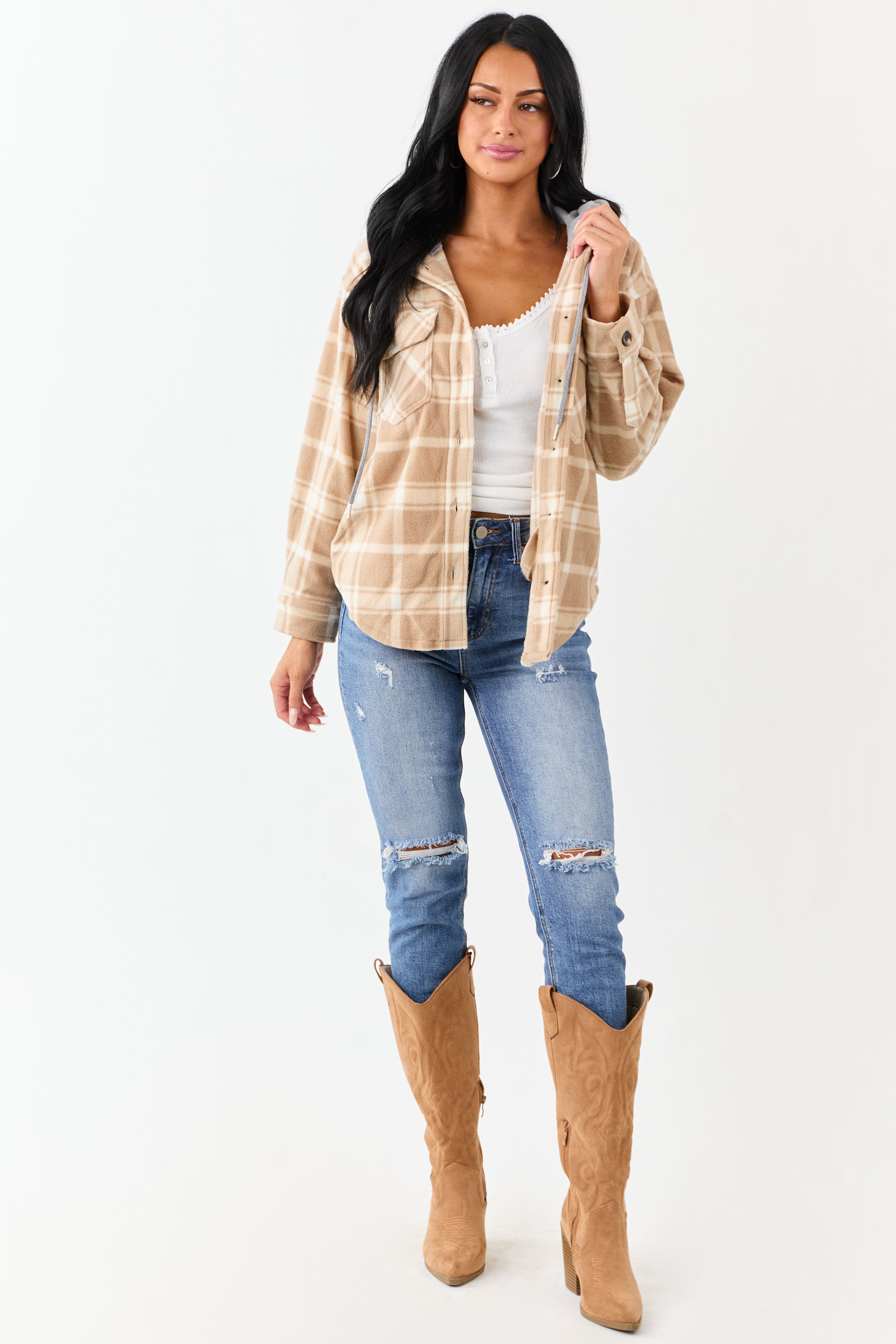 Latte Plaid Contrast Hood Button Down Fleece Jacket
