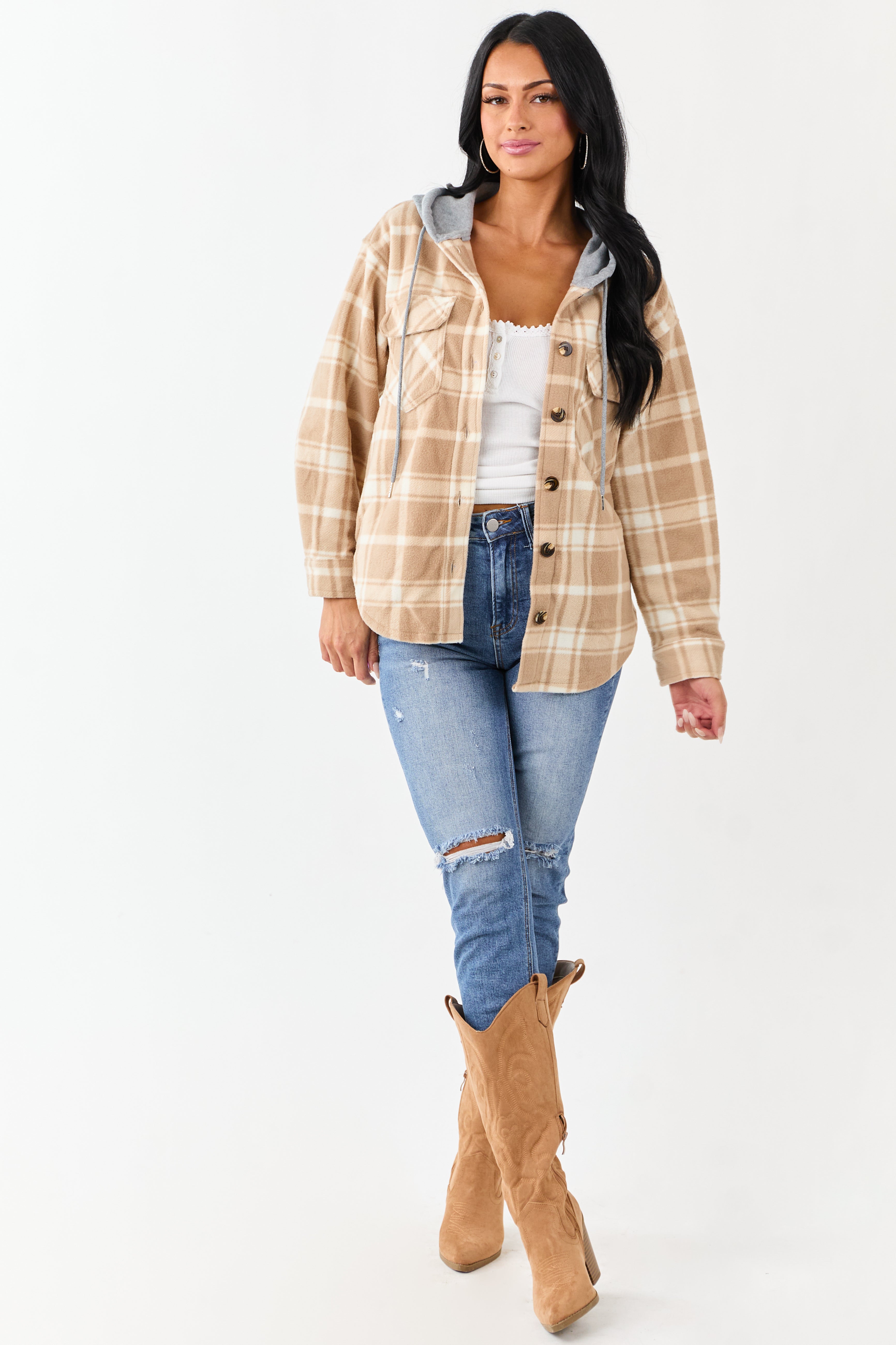 Latte Plaid Contrast Hood Button Down Fleece Jacket