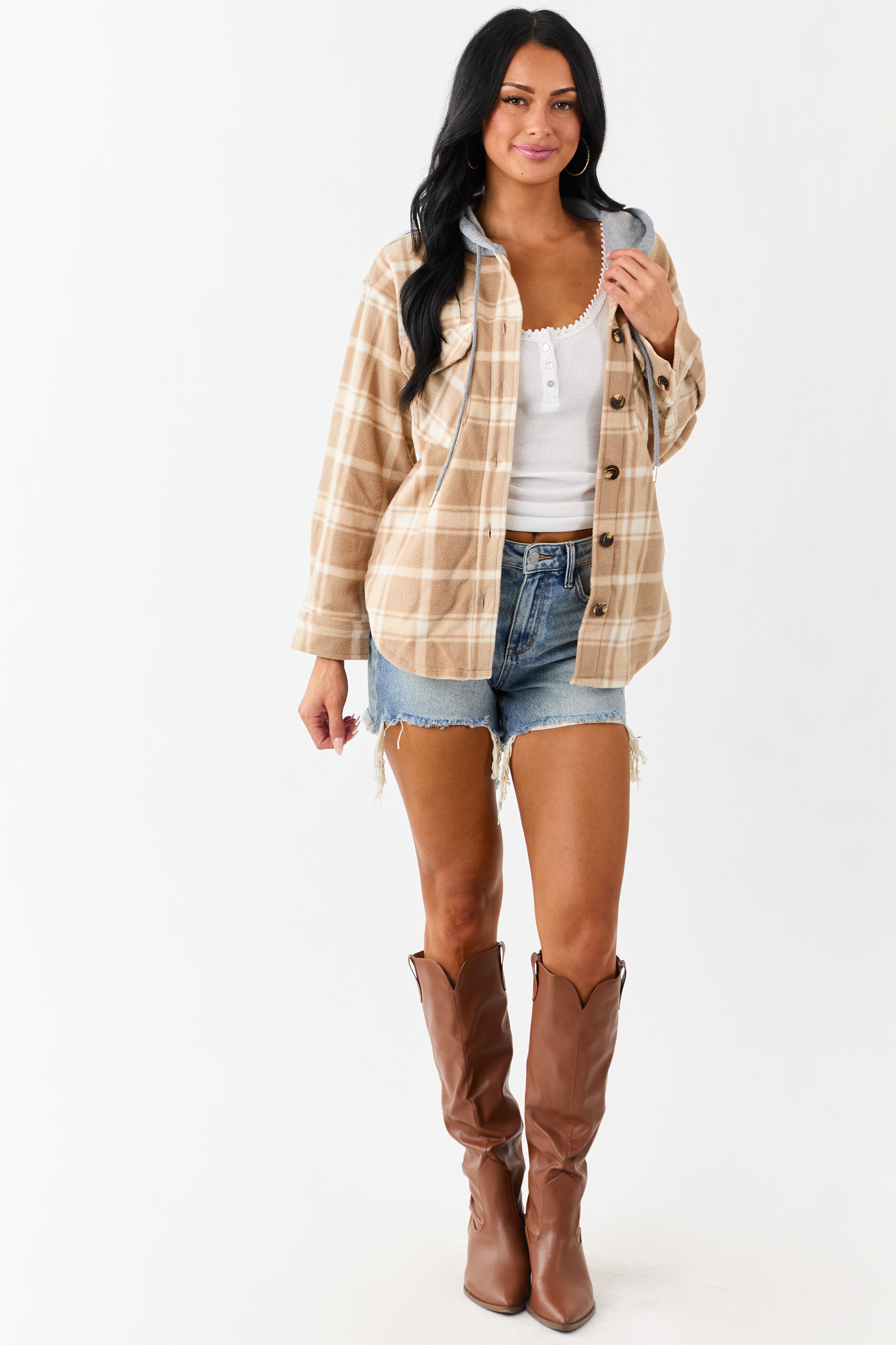 Latte Plaid Contrast Hood Button Down Fleece Jacket
