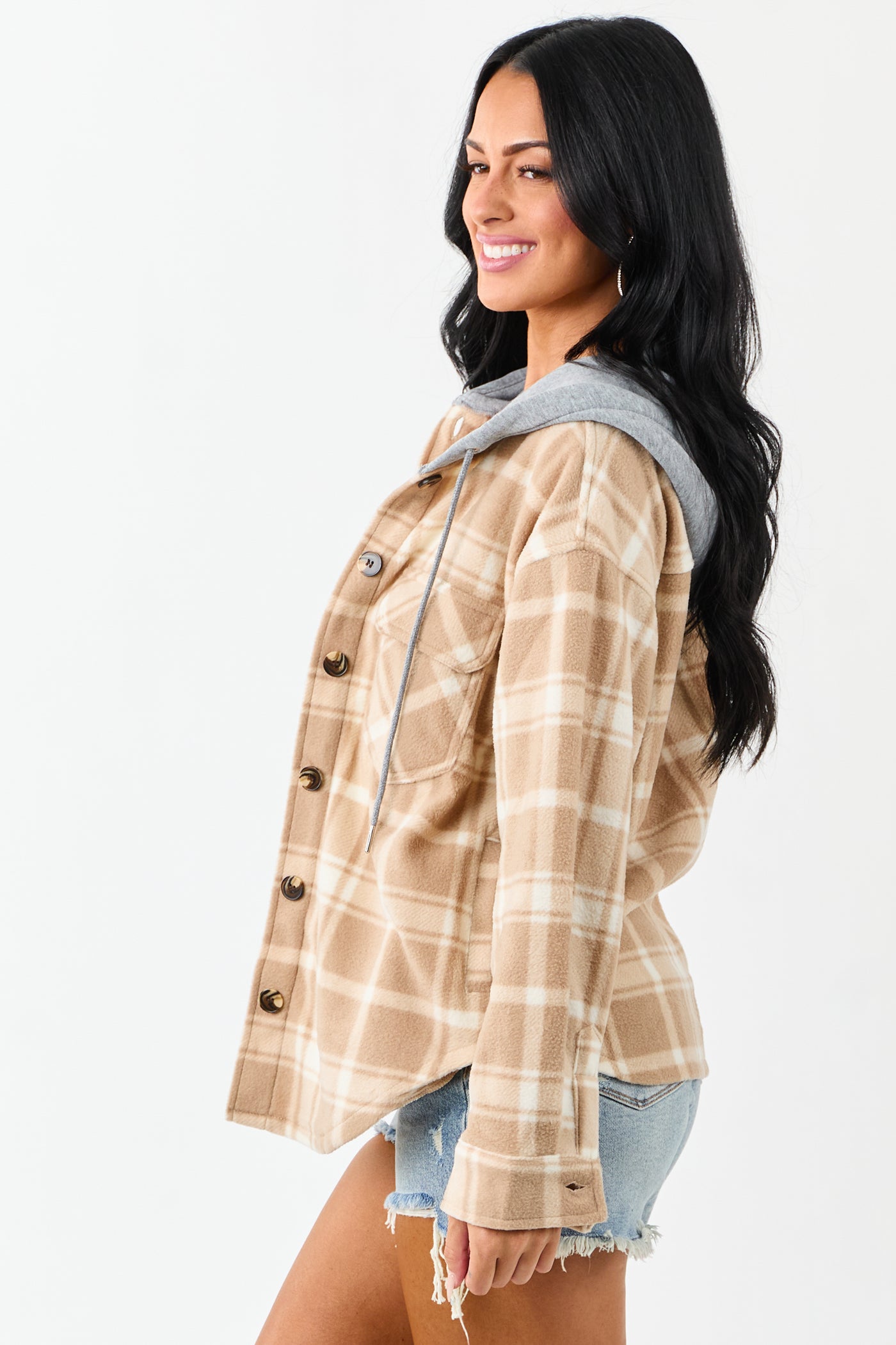 Latte Plaid Contrast Hood Button Down Fleece Jacket