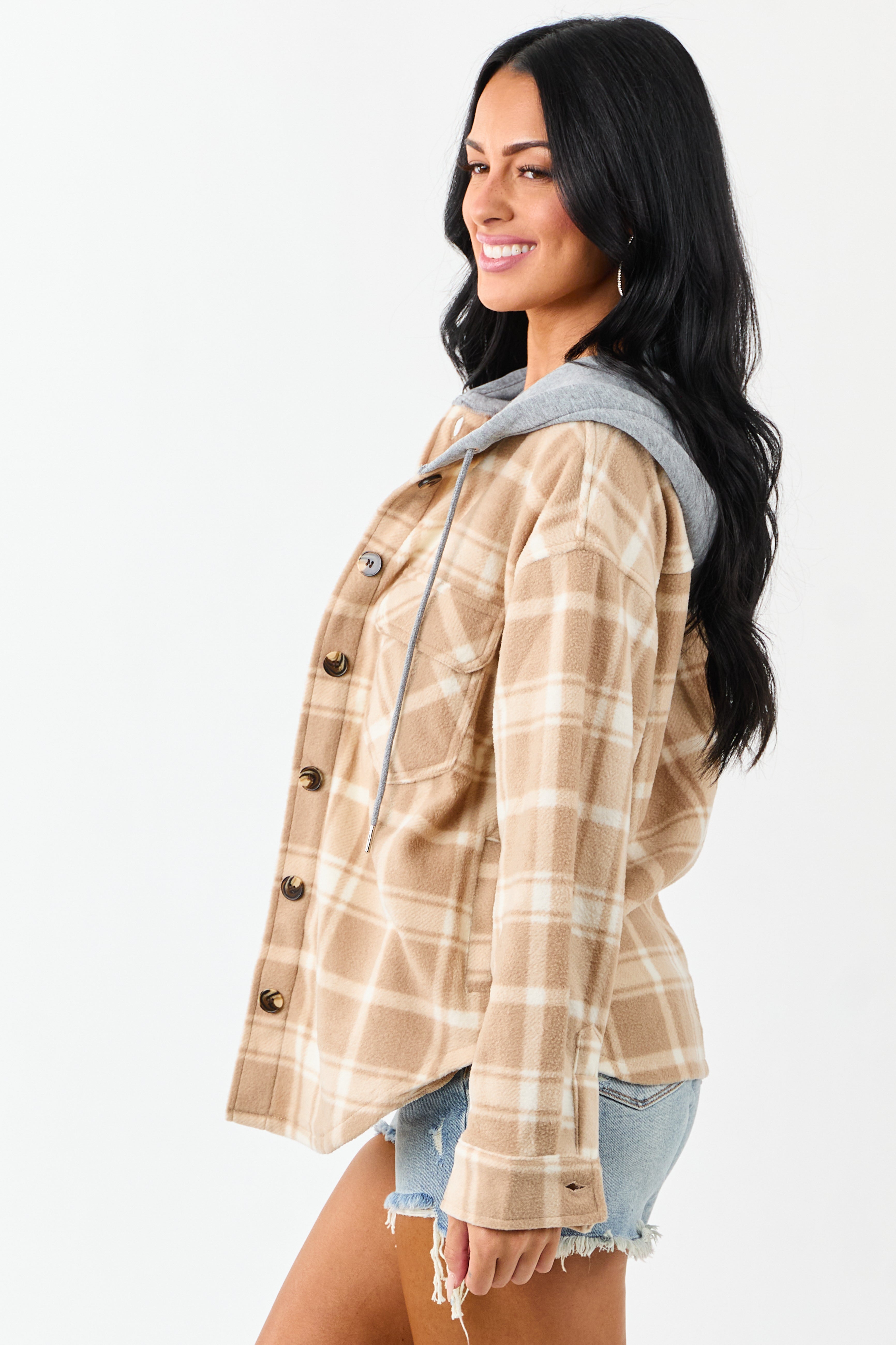 Latte Plaid Contrast Hood Button Down Fleece Jacket