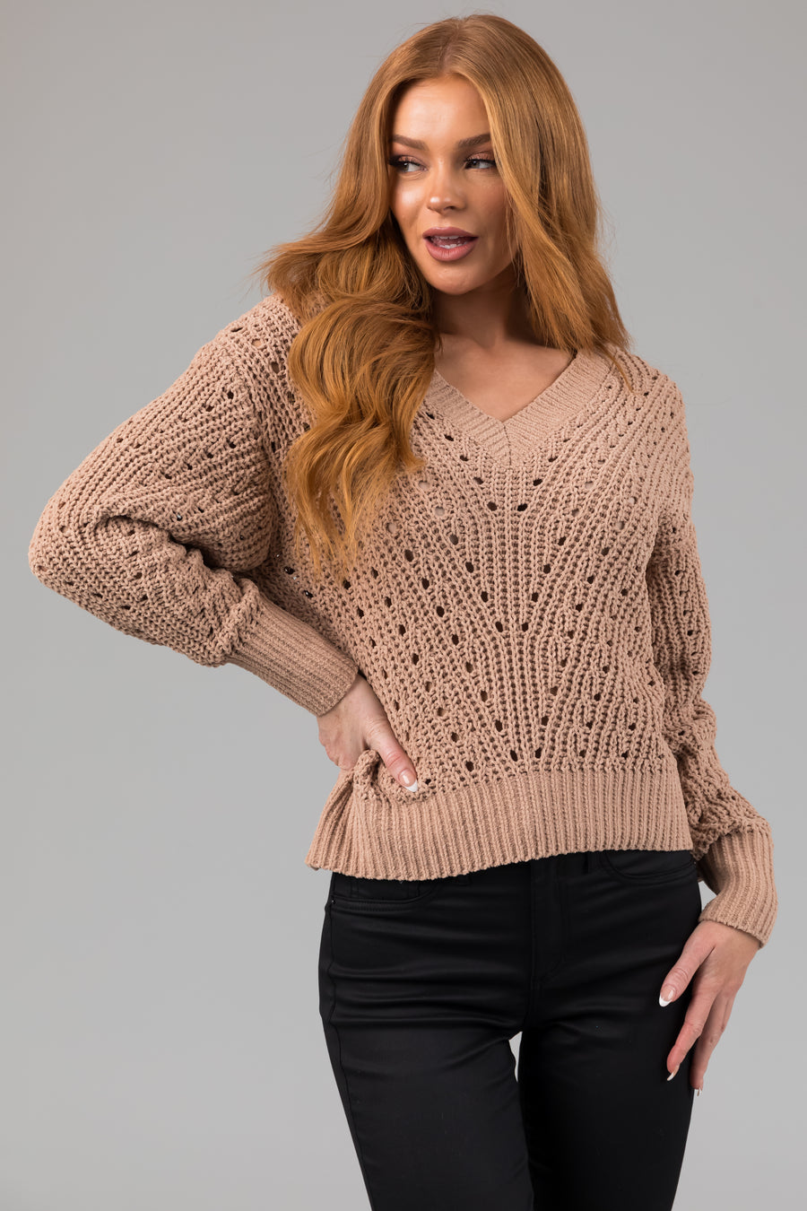 Latte Pointelle Cut Out Chenille Sweater