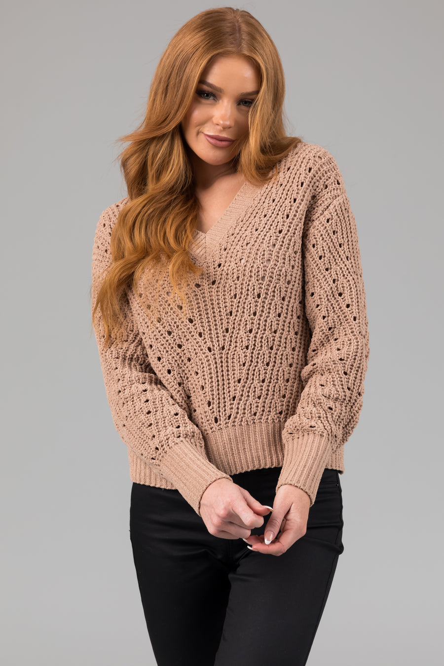 Latte Pointelle Cut Out Chenille Sweater