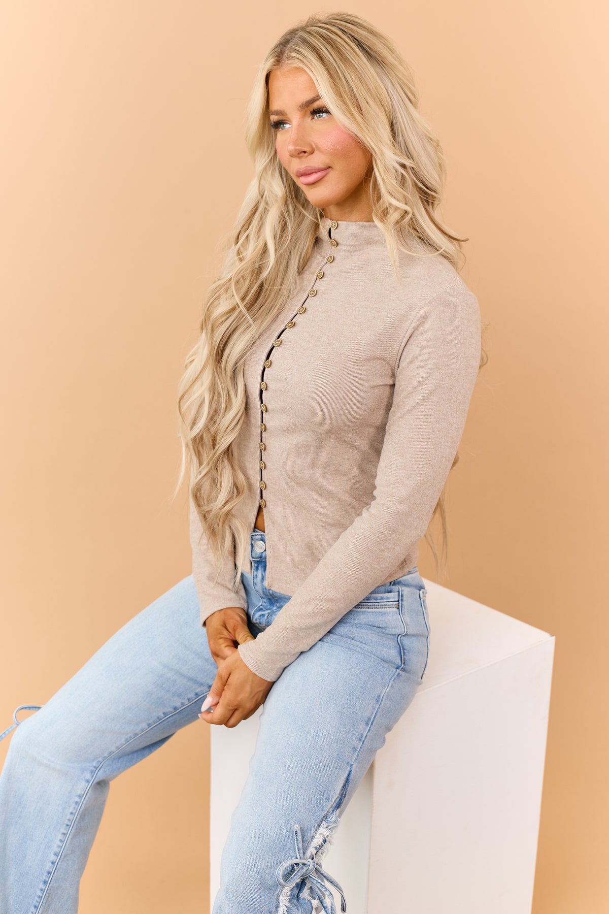Latte Rib Knit Button Down Mock Neck Cardigan