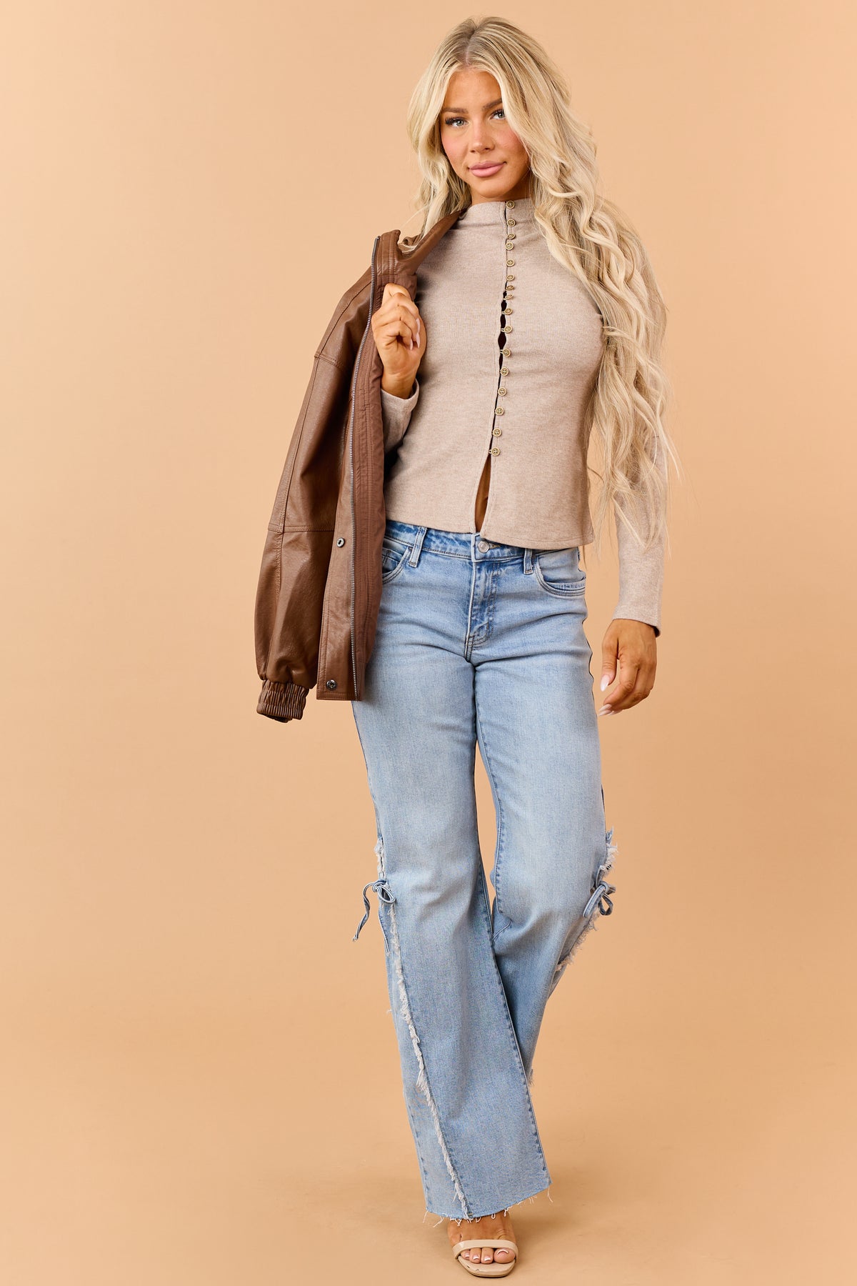 Latte Rib Knit Button Down Mock Neck Cardigan