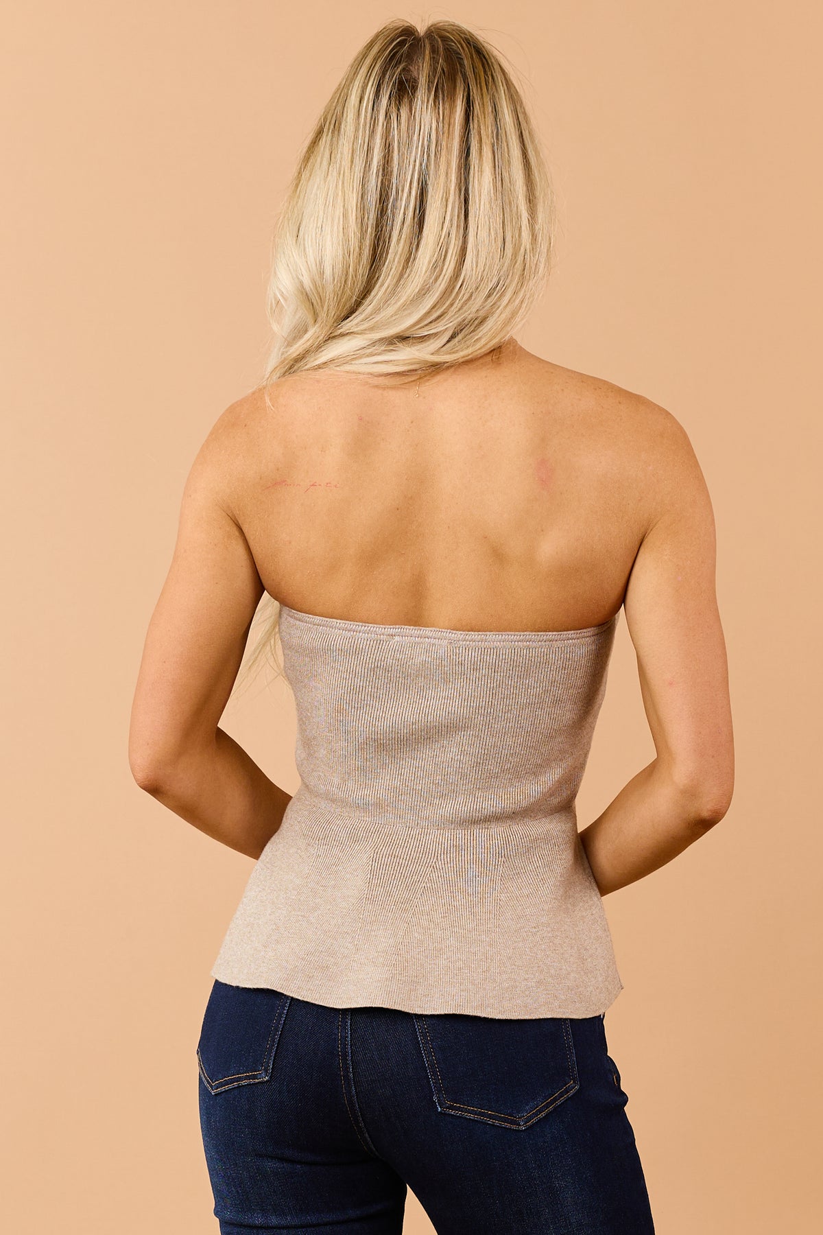 Latte Rib Knit Buttoned Strapless Peplum Top