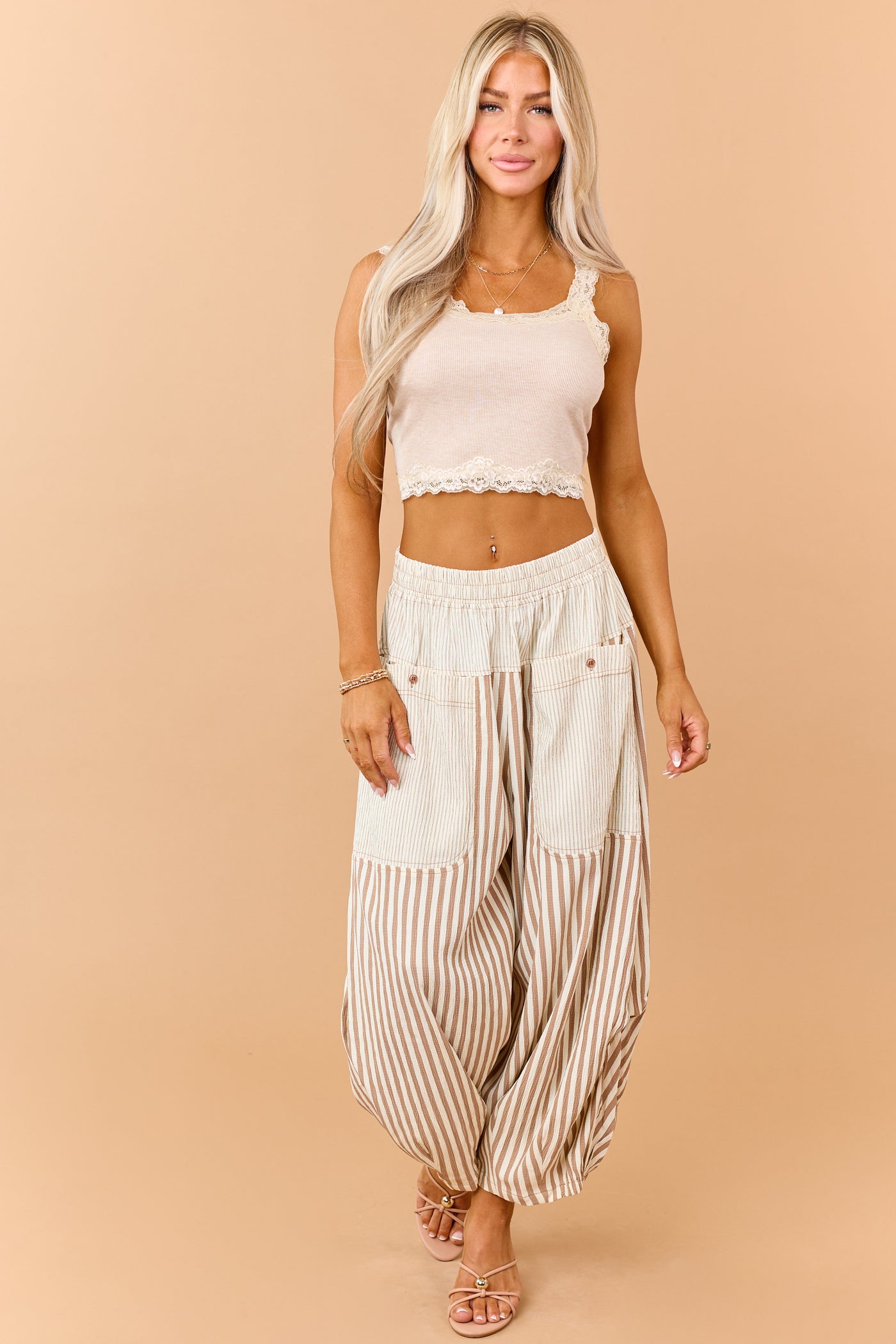 Latte Rib Knit Contrast Lace Trim Tank Top