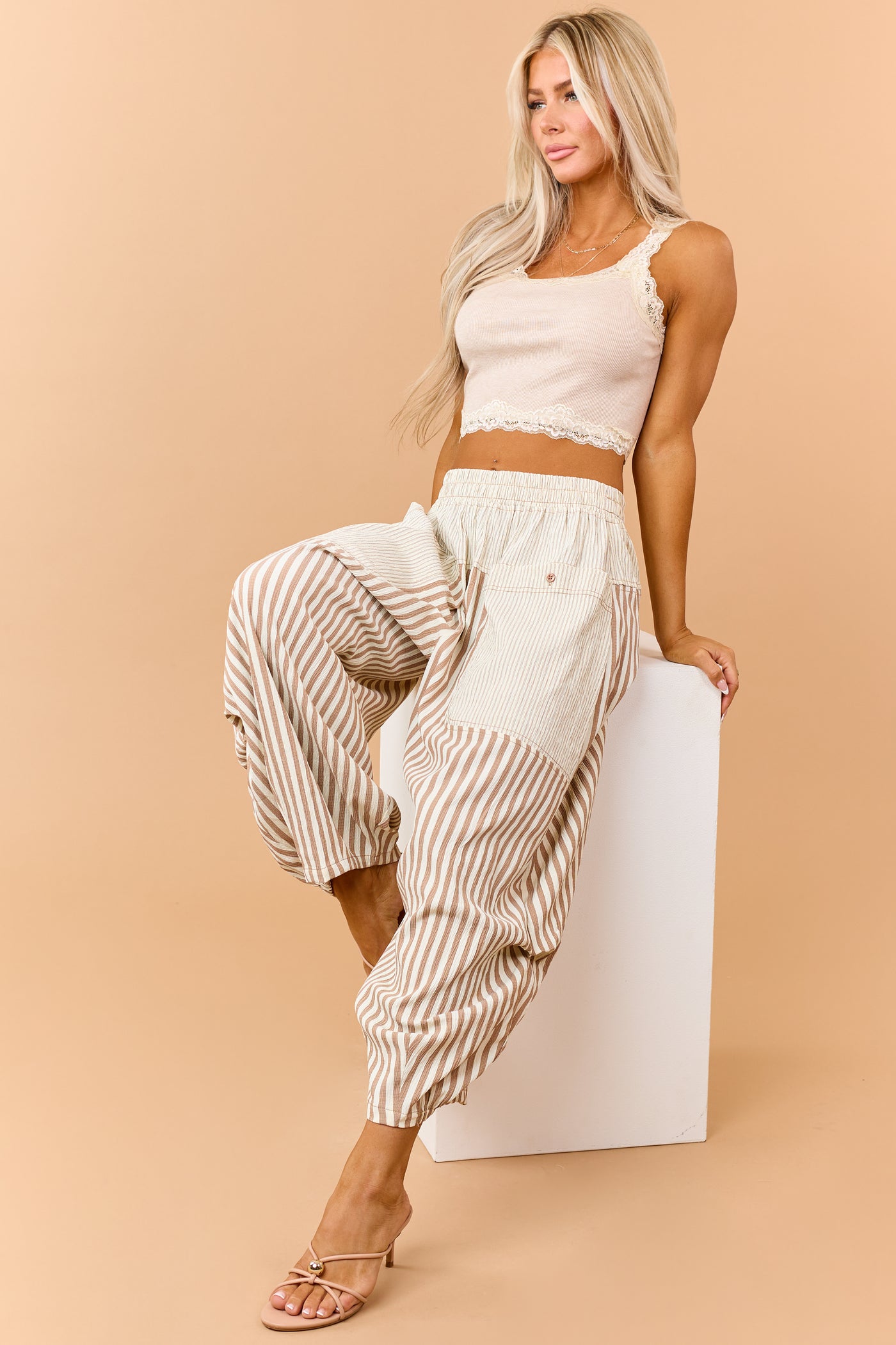 Latte Rib Knit Contrast Lace Trim Tank Top