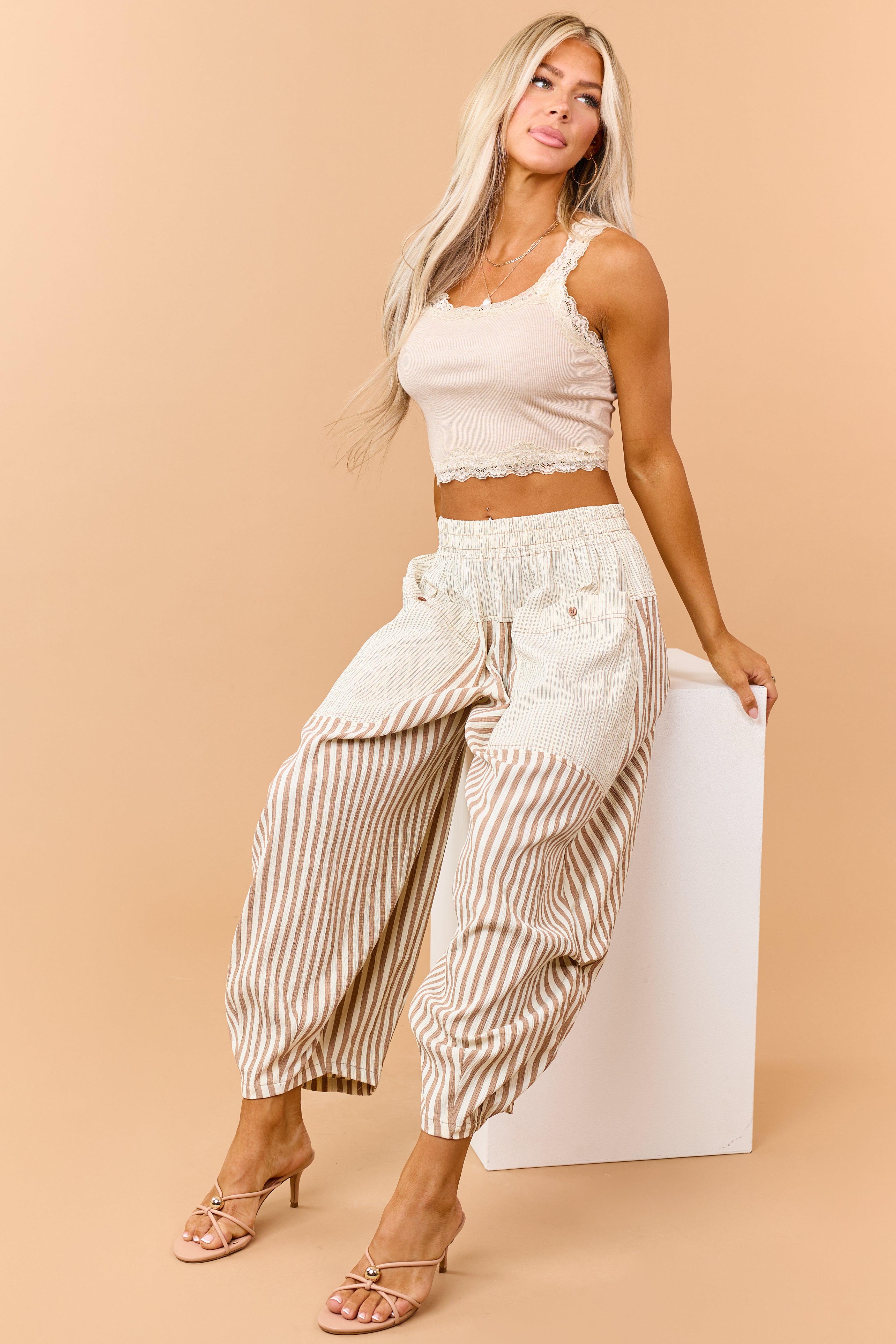 Latte Rib Knit Contrast Lace Trim Tank Top