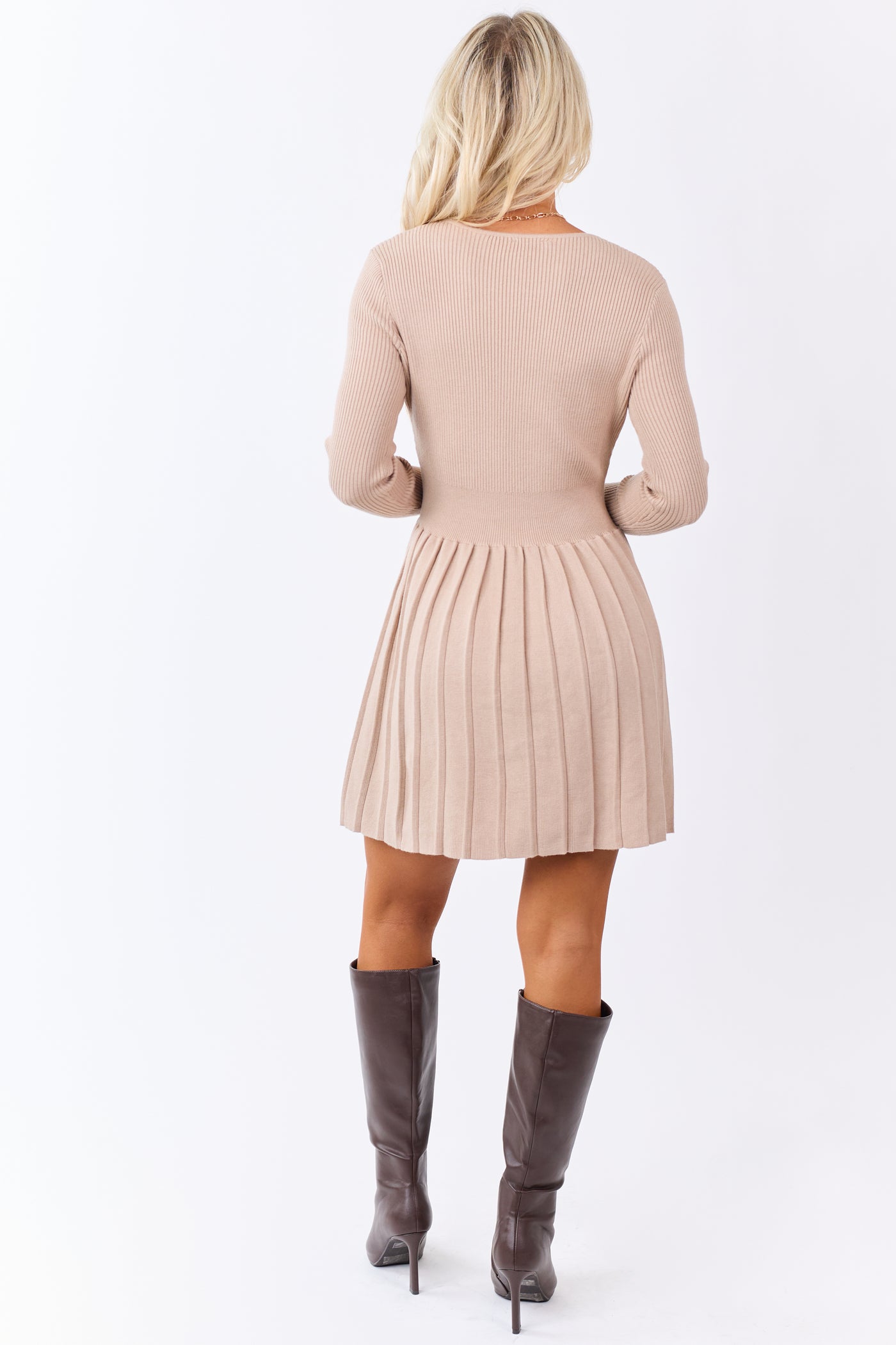 Latte Rib Knit Pleated Skirt Long Sleeve Mini Dress