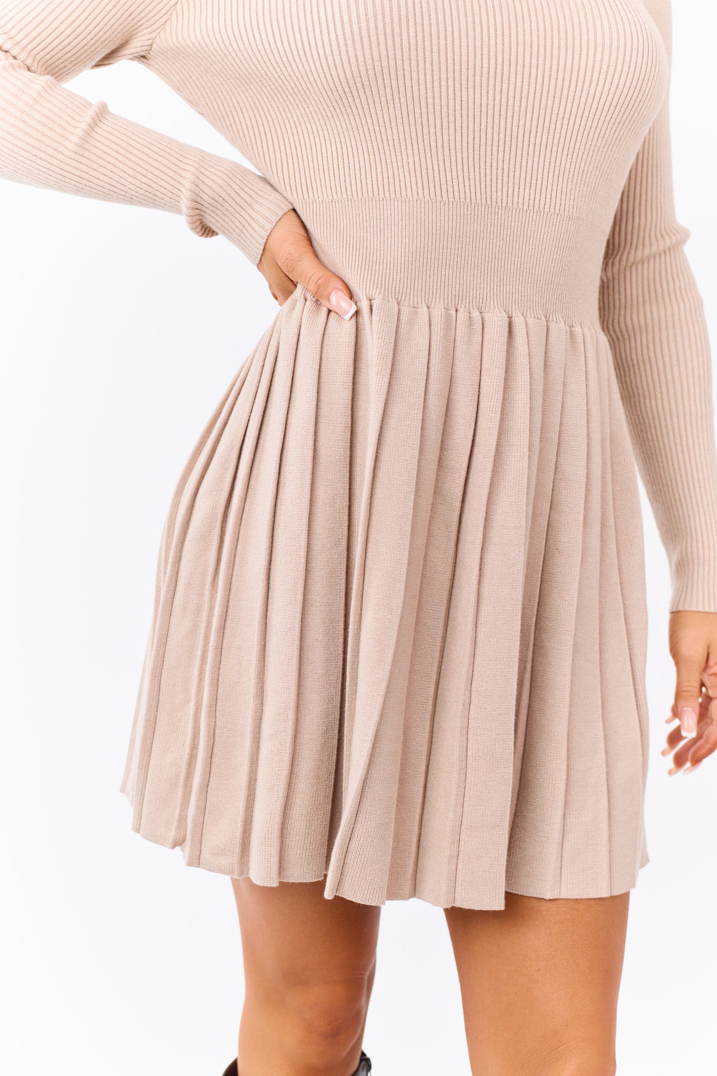 Latte Rib Knit Pleated Skirt Long Sleeve Mini Dress