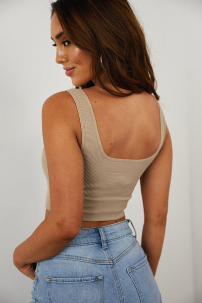 Latte Ribbed Knit Square Neck Padded Brami