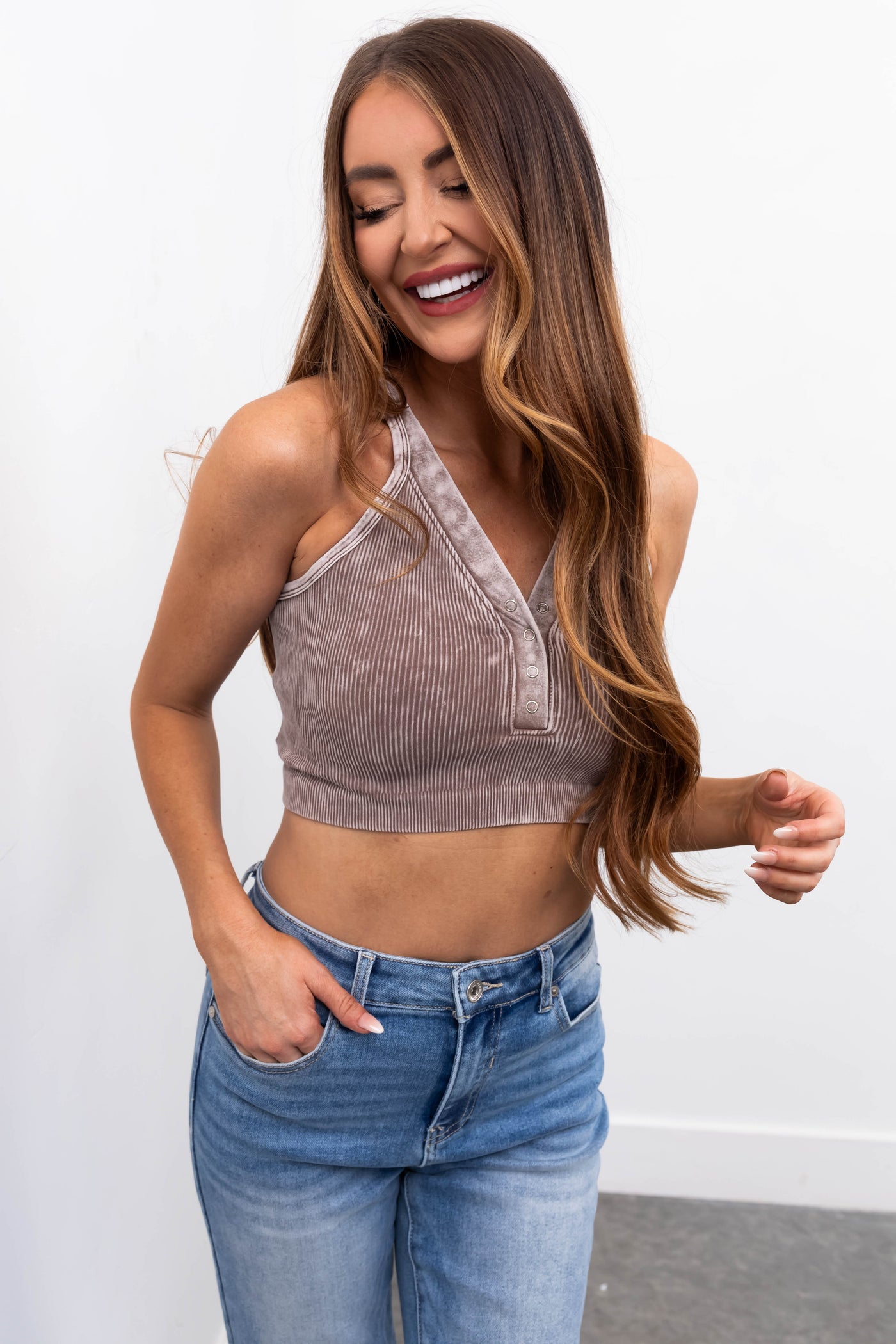 Latte Sleeveless Washed Ribbed Crop Top