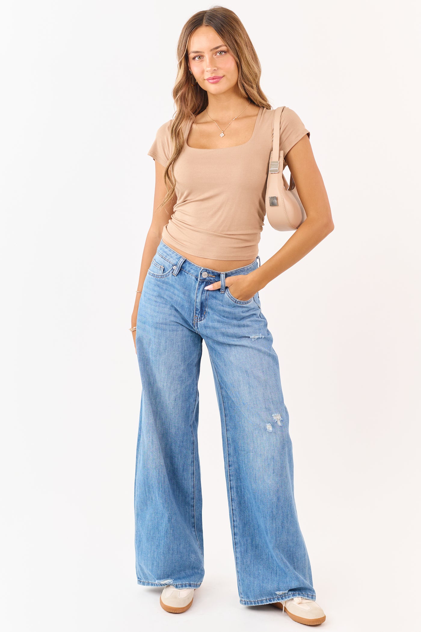 Latte Square Neck Cap Sleeve Knit Top