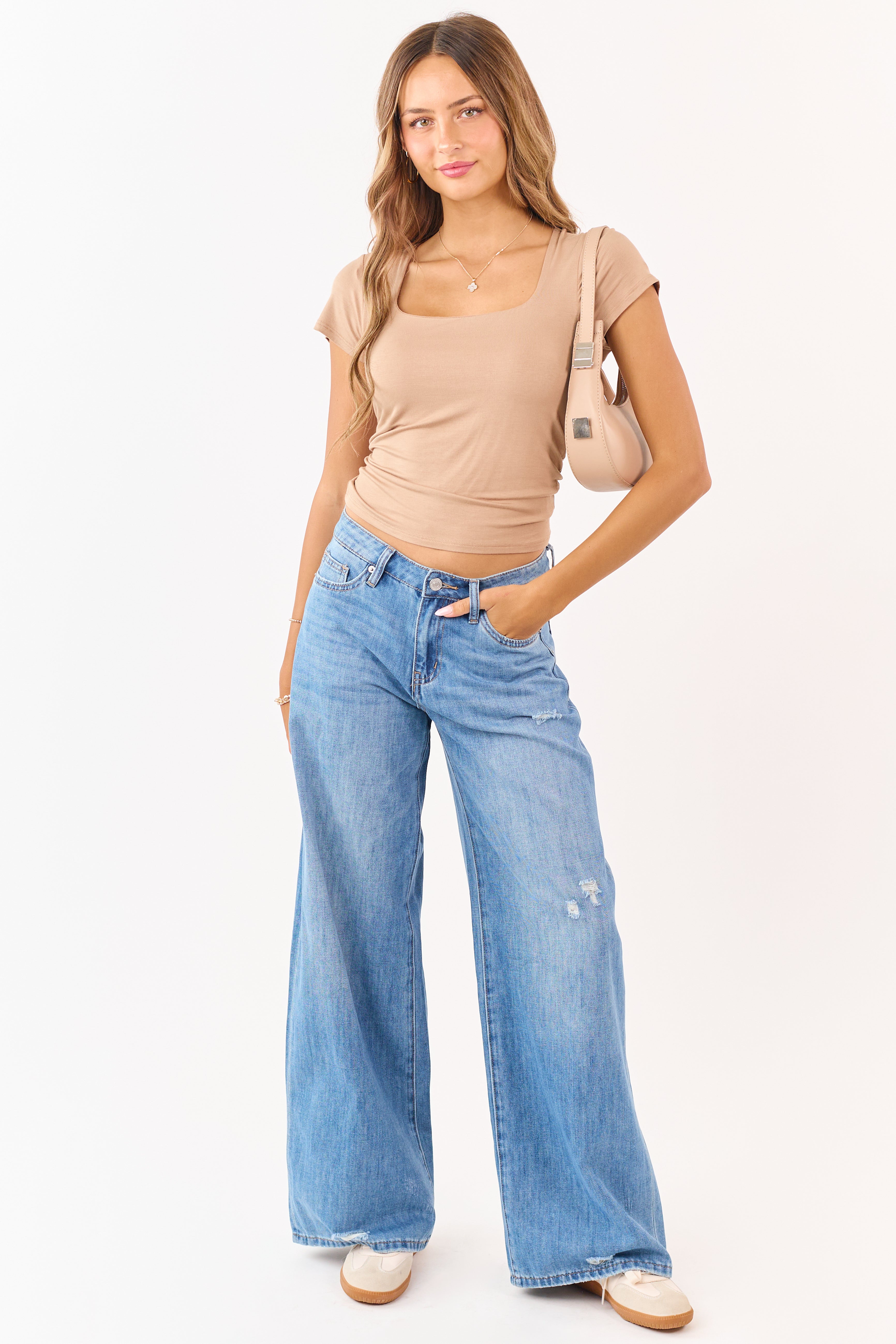 Latte Square Neck Cap Sleeve Knit Top
