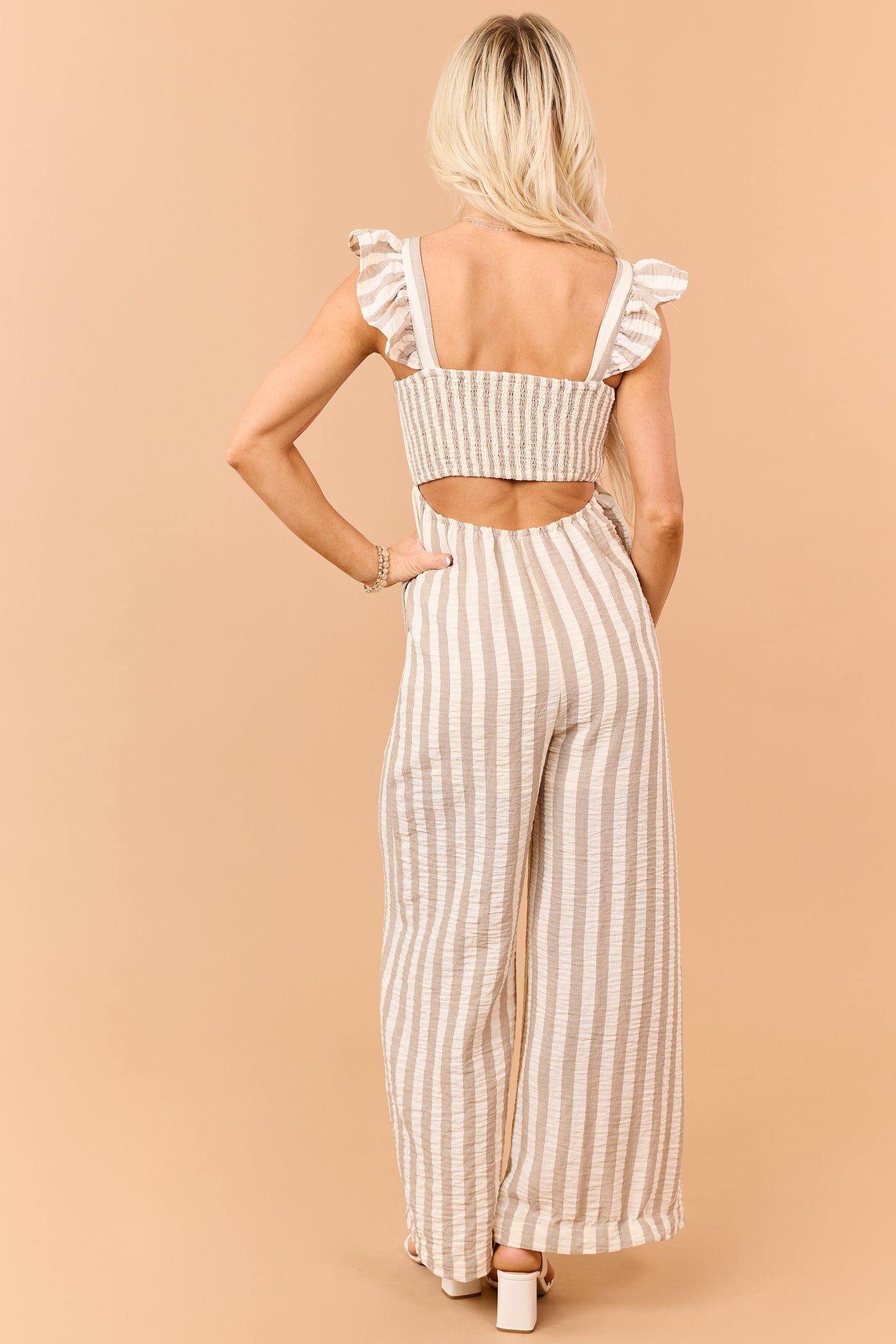 Latte Striped Bust Tie Wide Leg Jumpsuit