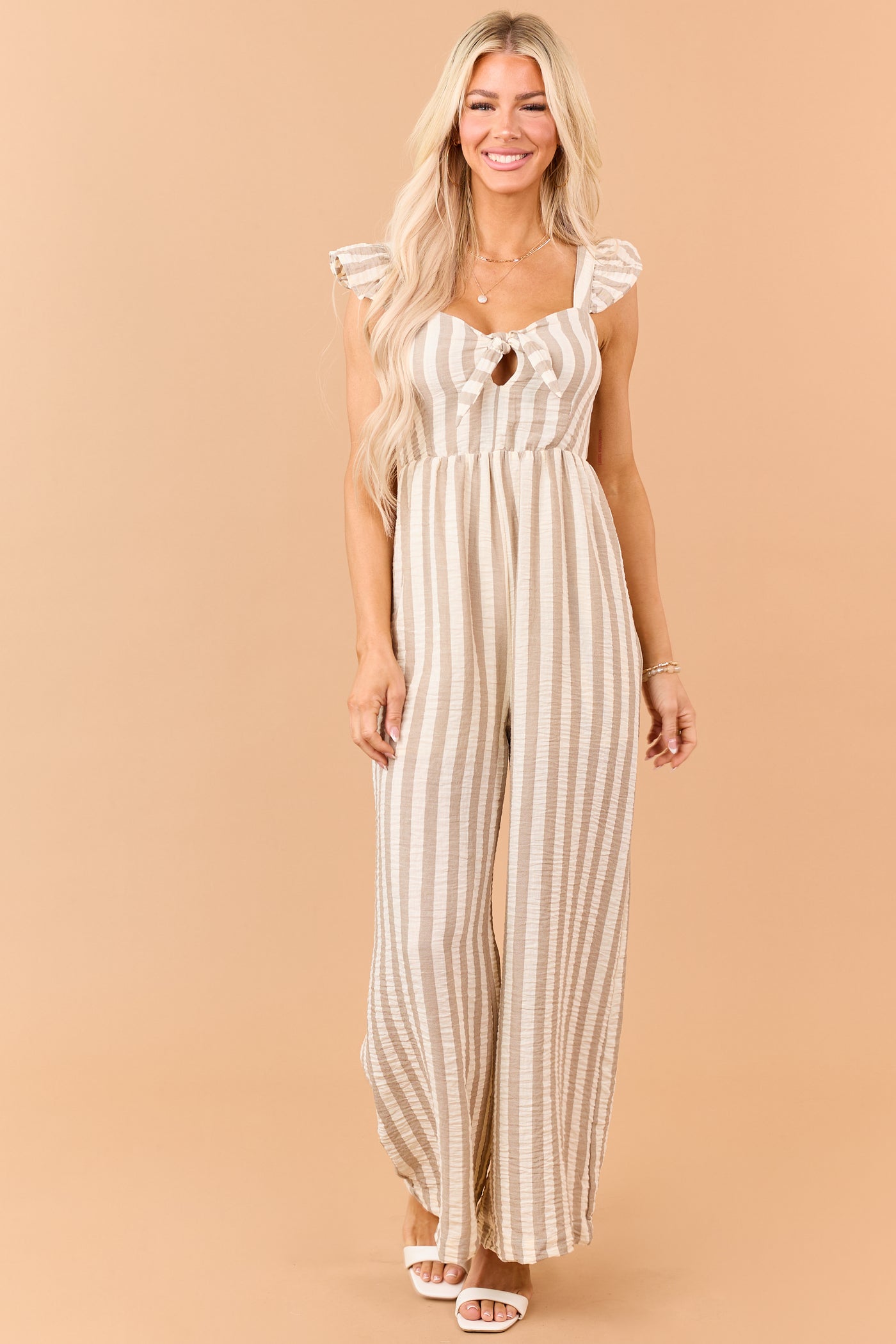 Latte Striped Bust Tie Wide Leg Jumpsuit