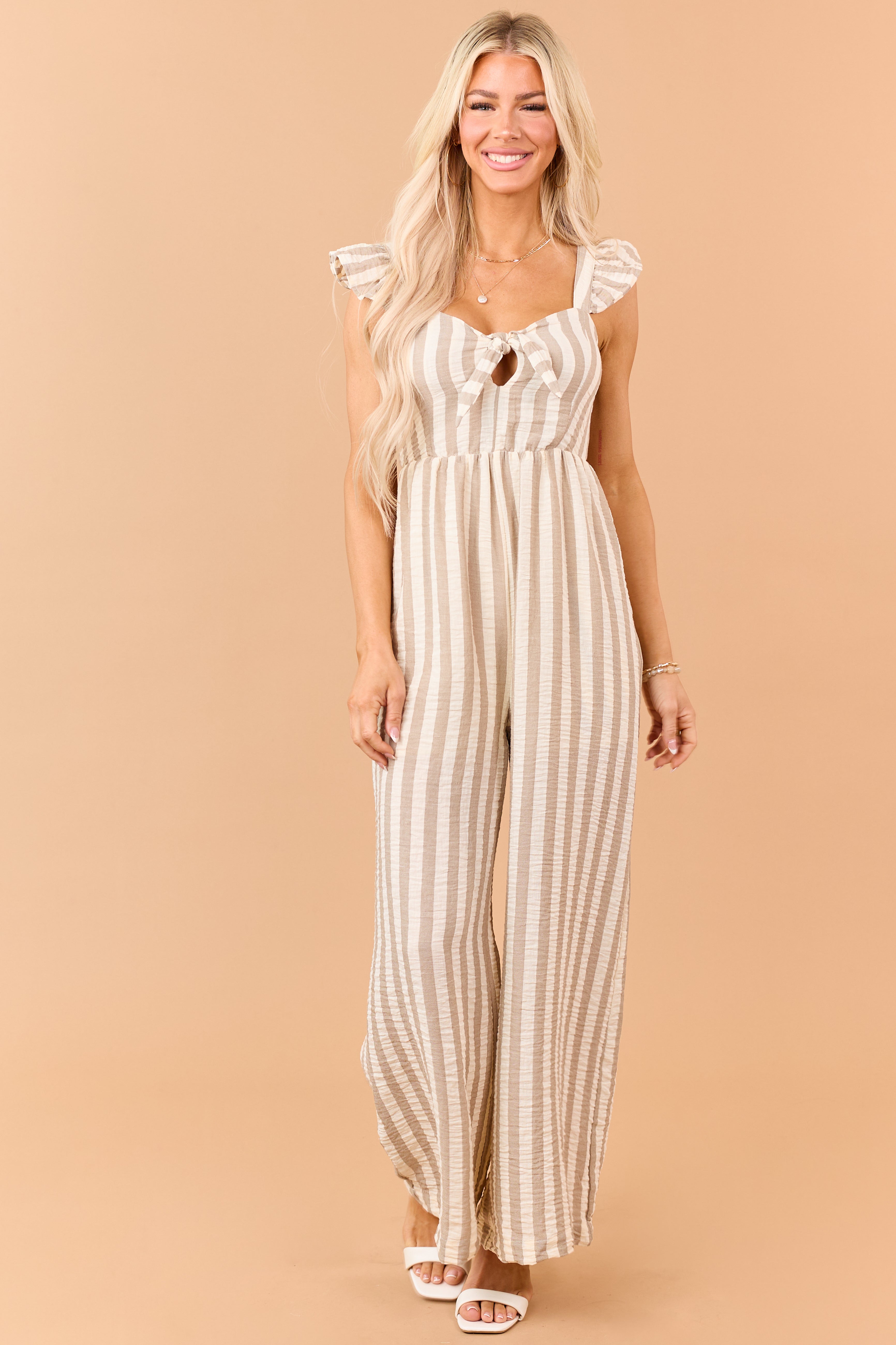 Latte Striped Bust Tie Wide Leg Jumpsuit