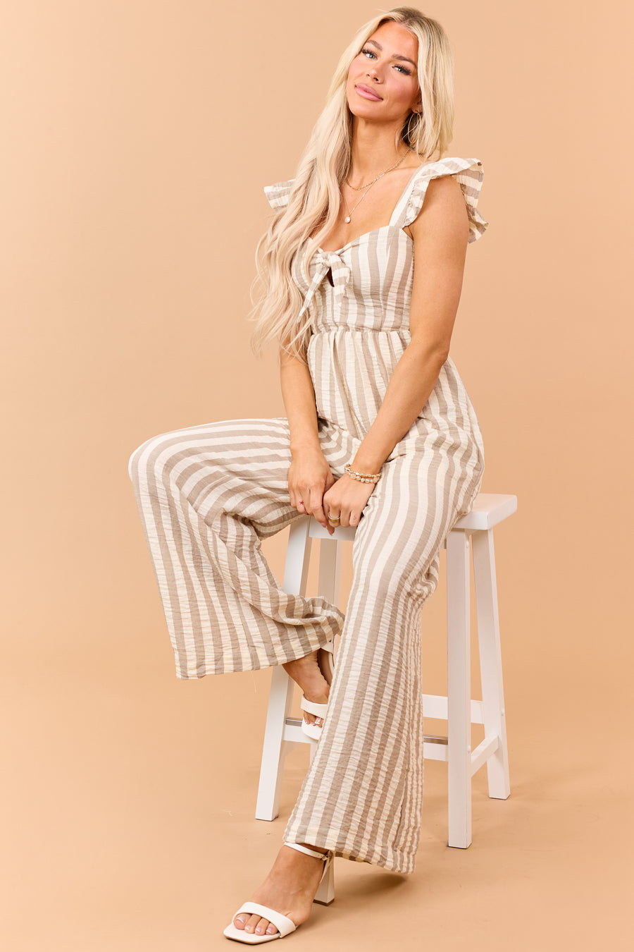Latte Striped Bust Tie Wide Leg Jumpsuit