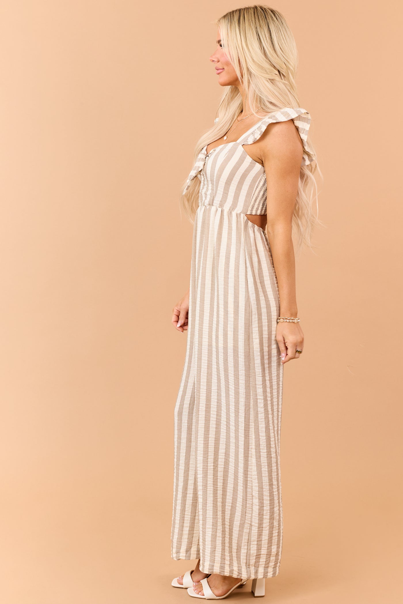 Latte Striped Bust Tie Wide Leg Jumpsuit
