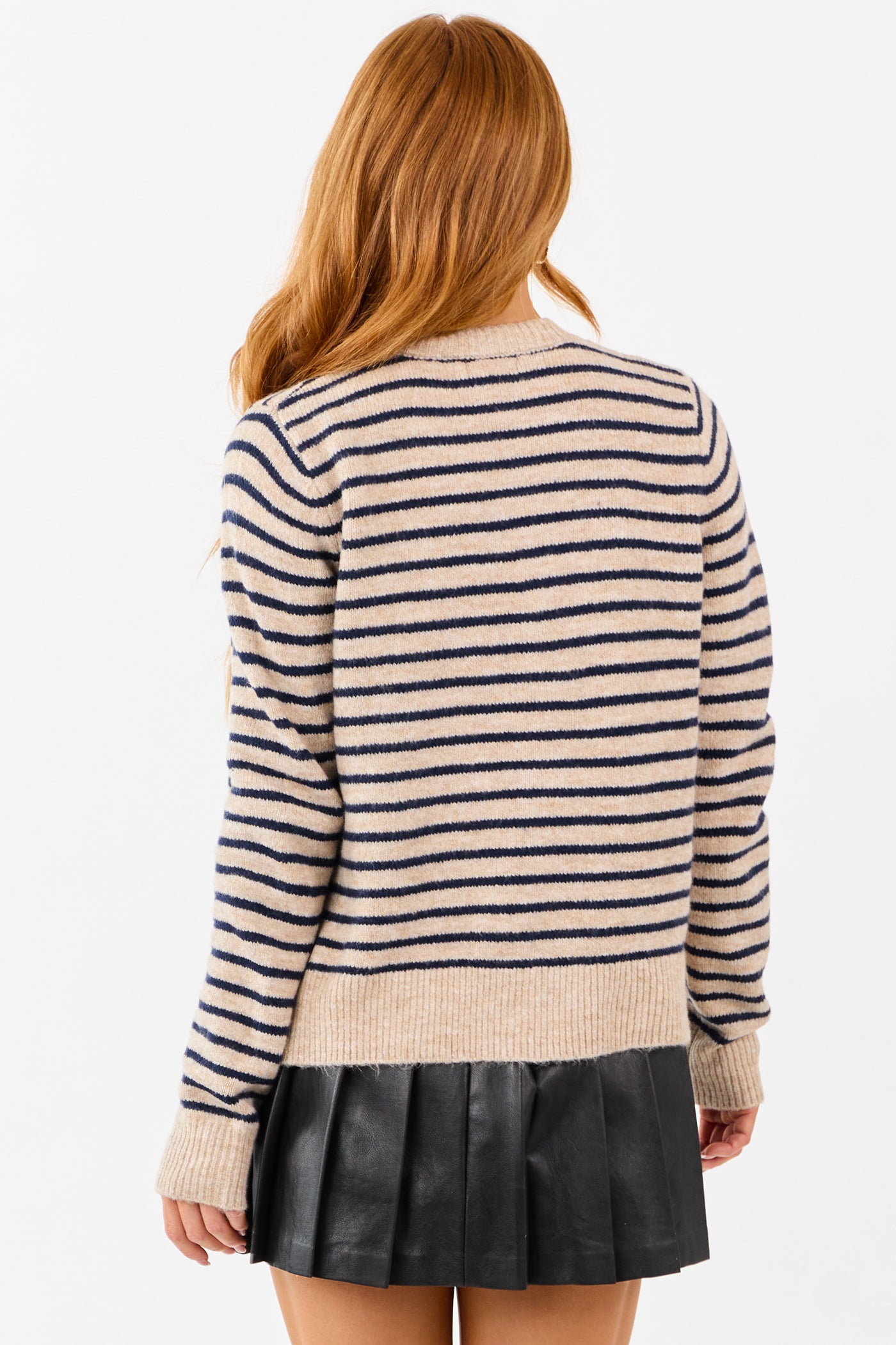 Latte Striped Button Down Crew Neck Cardigan