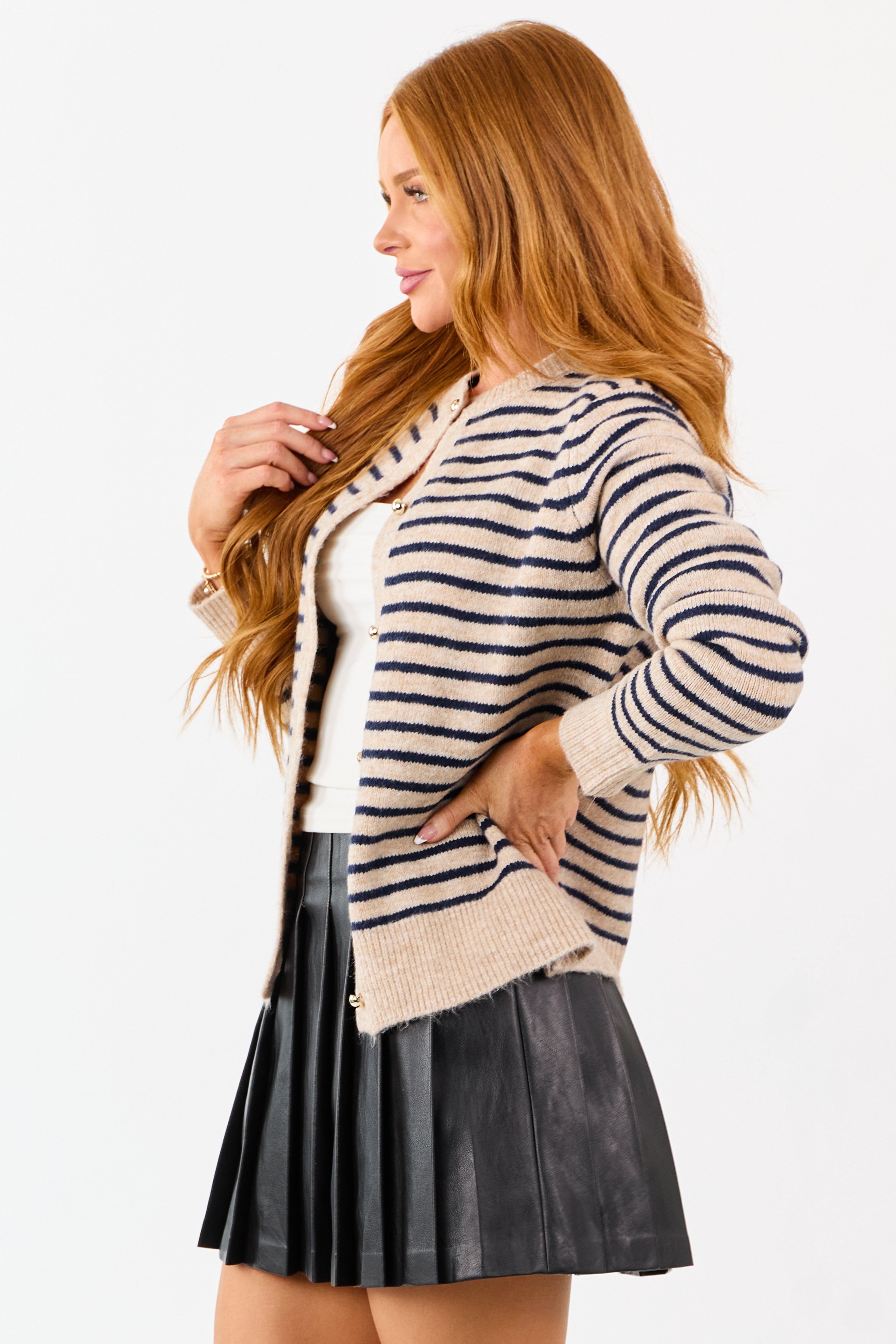 Latte Striped Button Down Crew Neck Cardigan