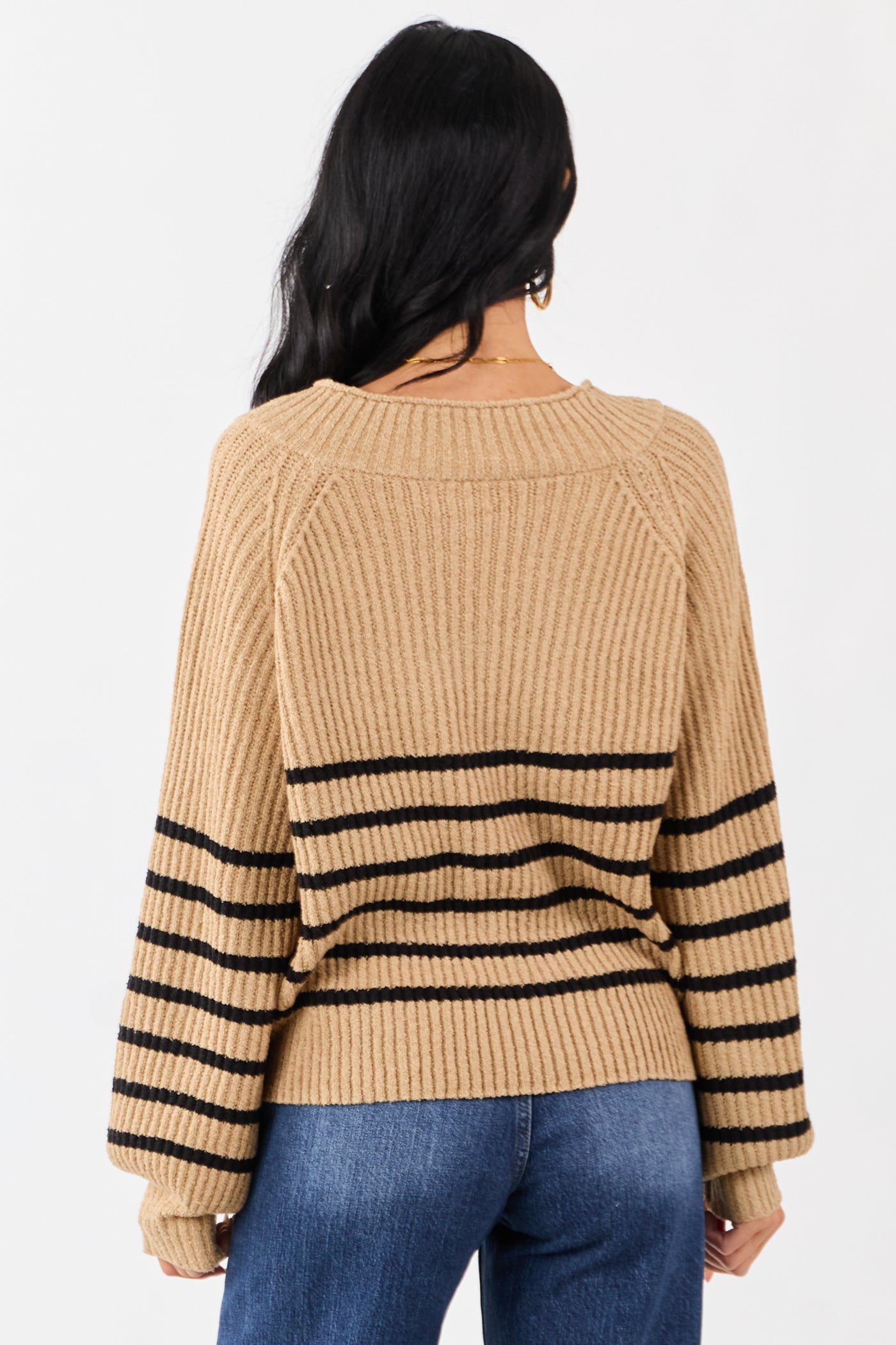 Latte Striped V-Neck Long Puff Sleeve Ribbed Sweater